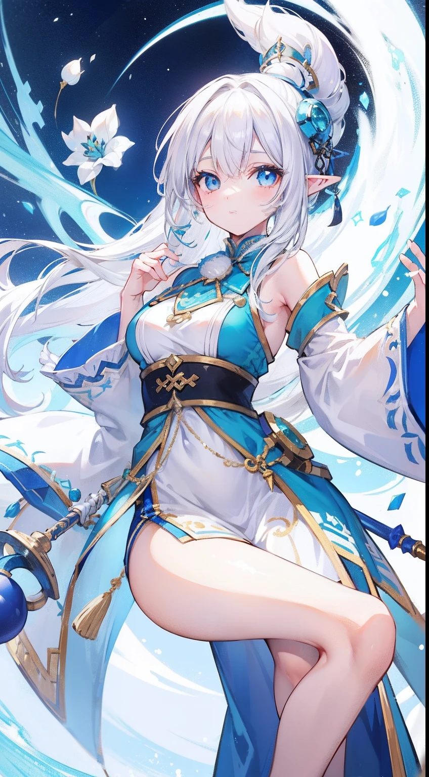 Creamy white hair，Fuzzy clothes，Hairy lute，Blue and white color scheme，Cute as the Jade Rabbit Elf，Precision and flexibility，Beautiful appearance，It's a sweet girl