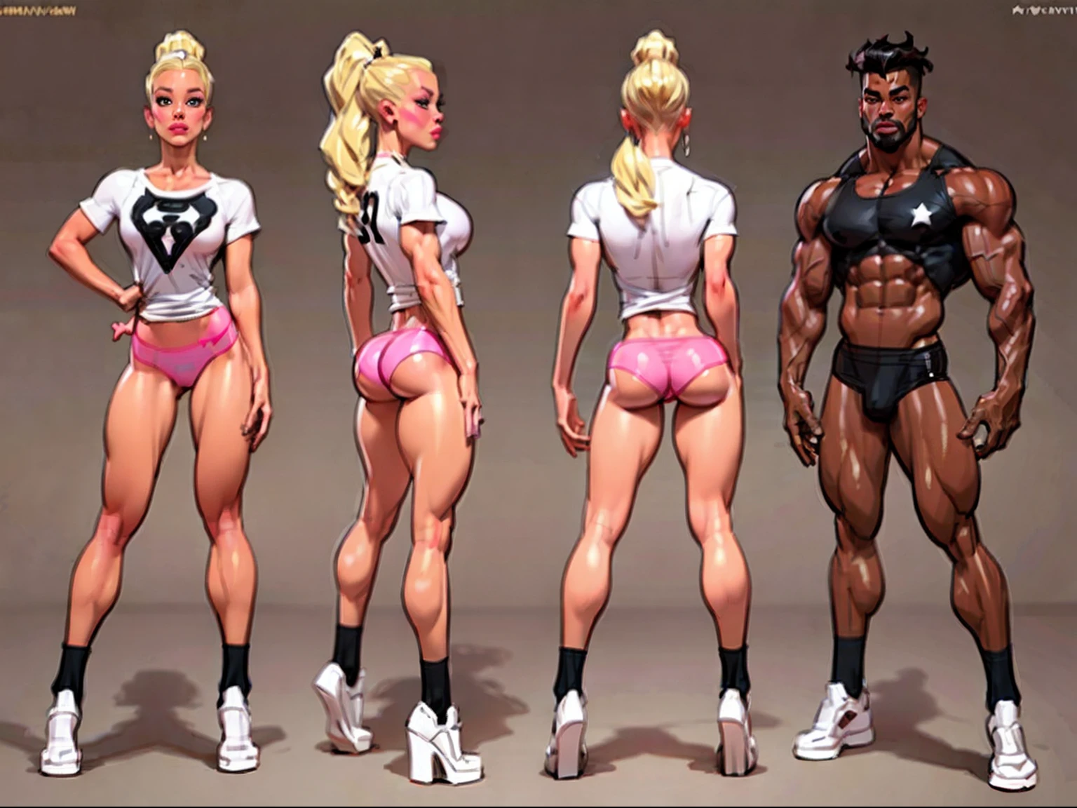 ((masterpiece)),(((best quality))),((character design sheet)), illustration,1man, boy, 1 girl, 1 woman, environment Scene change,  ((man is (pompadour:0.9)(black skin:1.1)), muscular, (pink skin:1.2), white tshirt, white underwear, masculine, rugged, manly, sharp edges, heroic, pink legs, thick legs,)) (woman is blonde with ponytail)) scribbles and marks, no face, ((mannequin face:1.2)), rough sketches, pose too, white and black color palette, 8k,16k, (simple background, light background: 1.3)