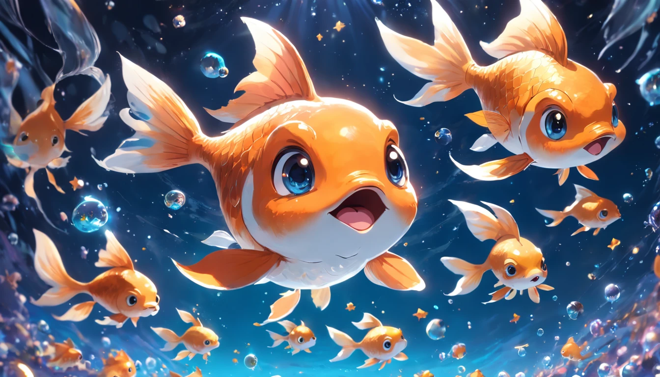 Masterpiece, high quality, always in the cloud goldfish, goldfish floating around a lot of cute stars, anthropomorphic goldfish, Disney style, cinema-grade light effects, cinema-grade picture quality, super detail, rich colors