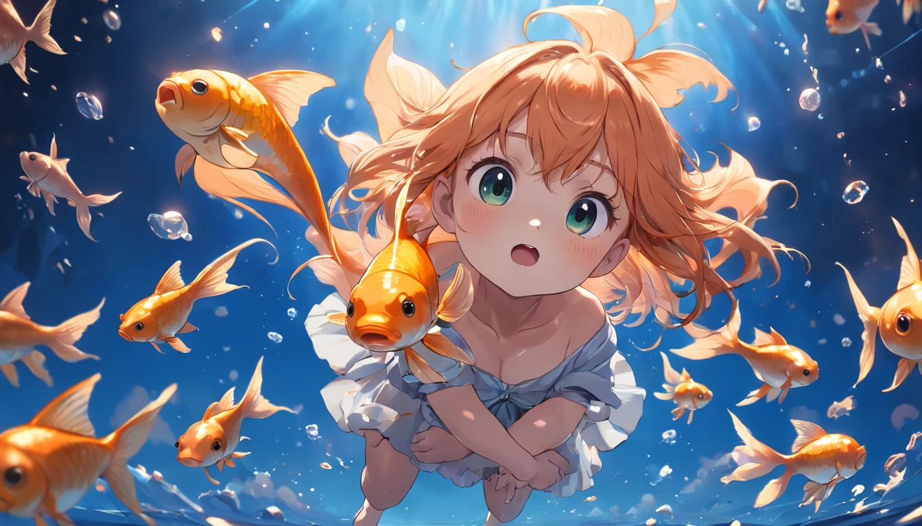 Masterpiece, high quality, always in the cloud goldfish, goldfish floating around a lot of cute stars, anthropomorphic goldfish, Disney style, cinema-grade light effects, cinema-grade picture quality, super detail, rich colors