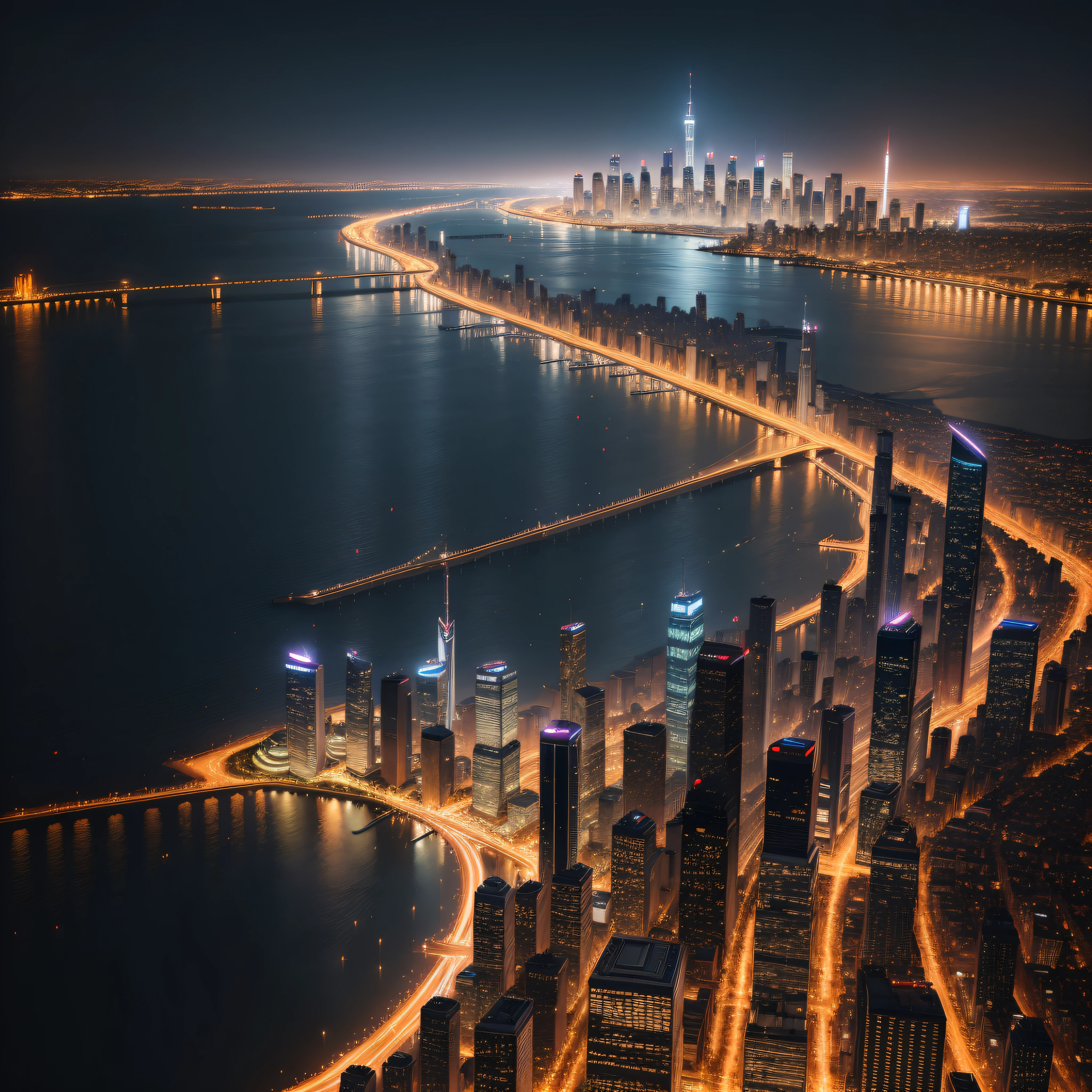 Iconic city skylines with towering skyscrapers illuminated at night.