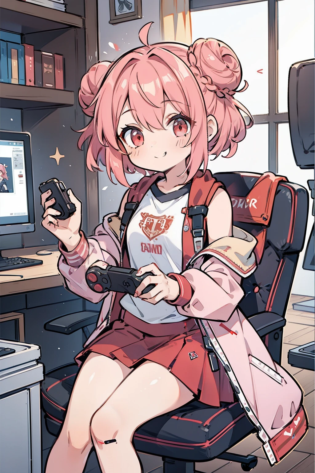 masterpiece, best quality, 1girl, short hair, shoulder-length hair, pink hair, curly hair, two buns, (red eyes), smiling, wearing a jersey jacket, jacket, skirt, in the game room, many game cds, holding a game controller with both hands, focusing on the game, sitting on the chair, many game monitors