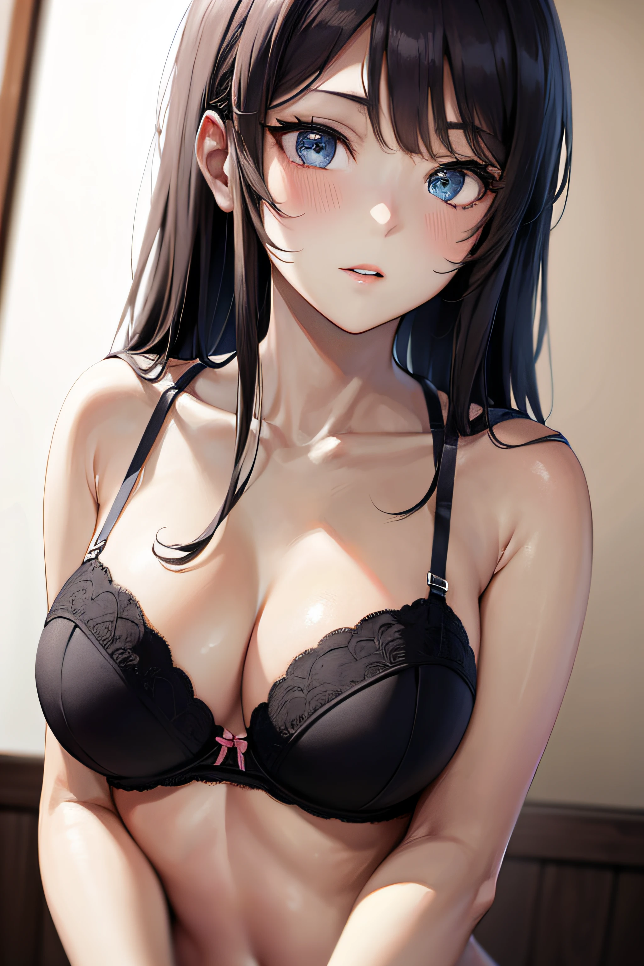 ((masterpiece, best quality, highres, UHD, perfect pixel)), Sakurajima mai, long hair, bangs, black hair, ((blue eyes:1.2, beautiful eyes, detailed eyes, extremely detailed eyes)), ((smooth texture:0.8, realistic texture:0.8)), medium breasts, indoor, bedroom, dynamic pose, busty, perfect body, ((close up, POV)), blushing, ((cleavage:1.2)), ((bra, lingerie)), natural light
