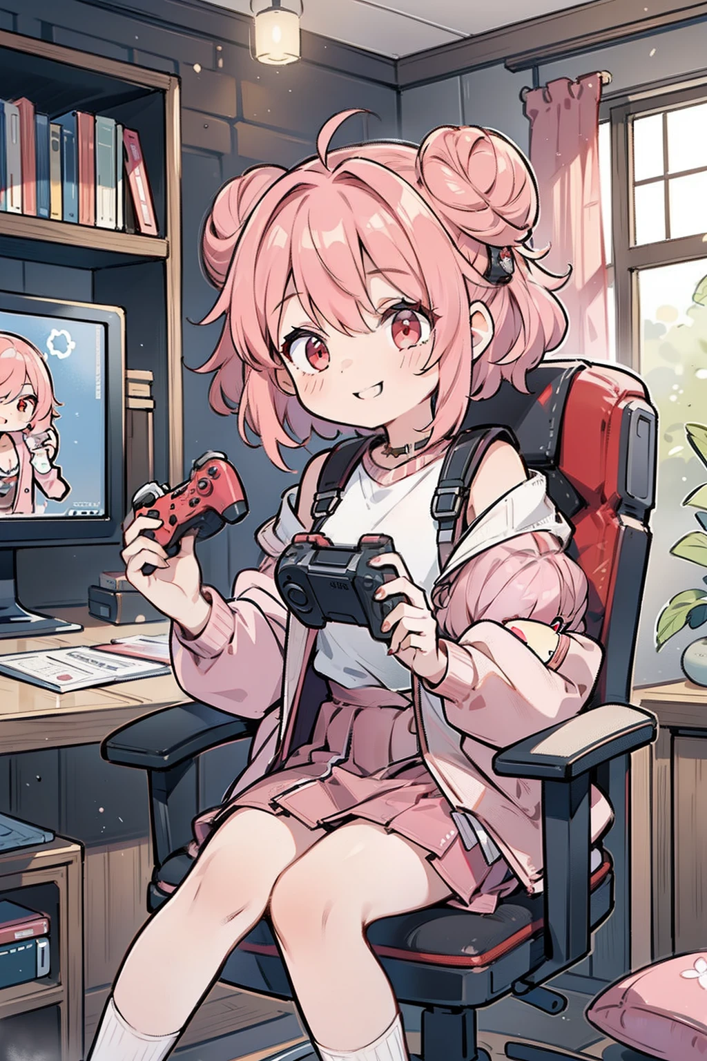 masterpiece, best quality, 1girl, short hair, shoulder-length hair, pink hair, curly hair, two buns, (red eyes), smiling, wearing a jersey jacket, jacket, skirt, in the game room, many game cds, holding a game controller with both hands, focusing on the game, sitting on the chair, many game monitors