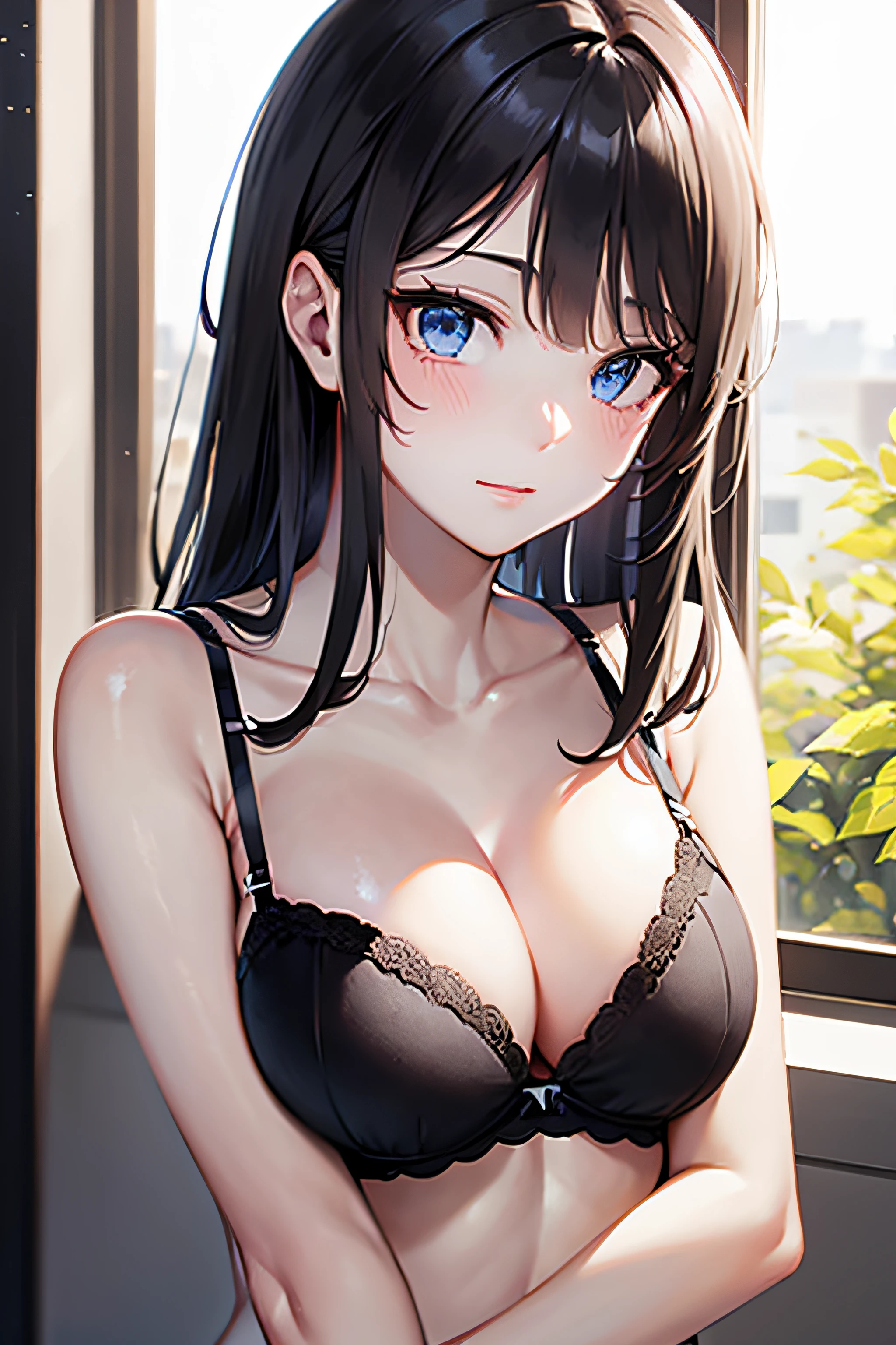 ((masterpiece, best quality, highres, UHD, perfect pixel)), Sakurajima mai, long hair, bangs, black hair, ((blue eyes:1.2, beautiful eyes, detailed eyes, extremely detailed eyes)), ((smooth texture:0.8, realistic texture:0.8)), medium breasts, indoor, bedroom, dynamic pose, busty, perfect body, ((upper body)), blushing, ((cleavage:1.2)), ((bra, lingerie)), natural light