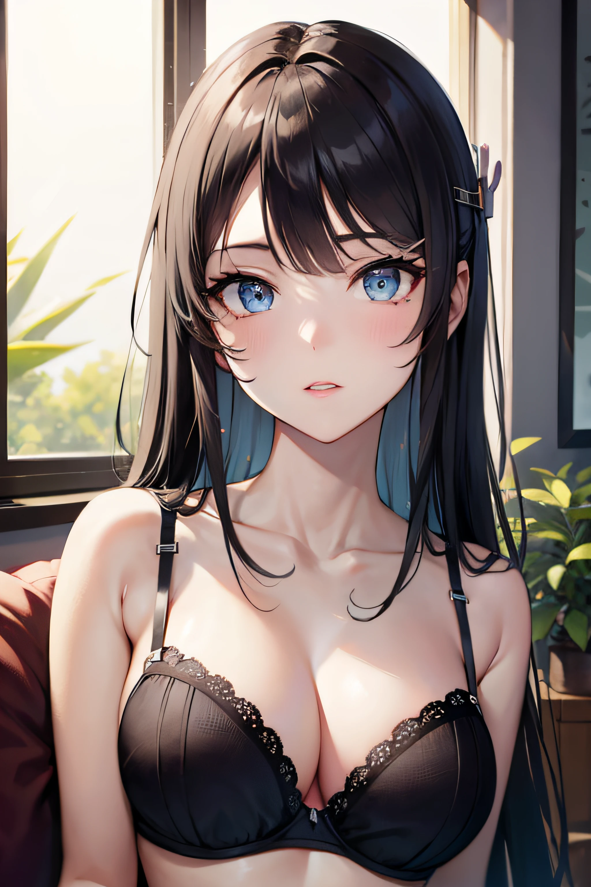 ((masterpiece, best quality, highres, UHD, perfect pixel)), Sakurajima mai, long hair, bangs, black hair, ((blue eyes:1.2, beautiful eyes, detailed eyes, extremely detailed eyes)), ((smooth texture:0.8, realistic texture:0.8)), medium breasts, indoor, bedroom, dynamic pose, busty, perfect body, ((upper body)), blushing, ((cleavage:1.2)), ((bra, lingerie)), natural light