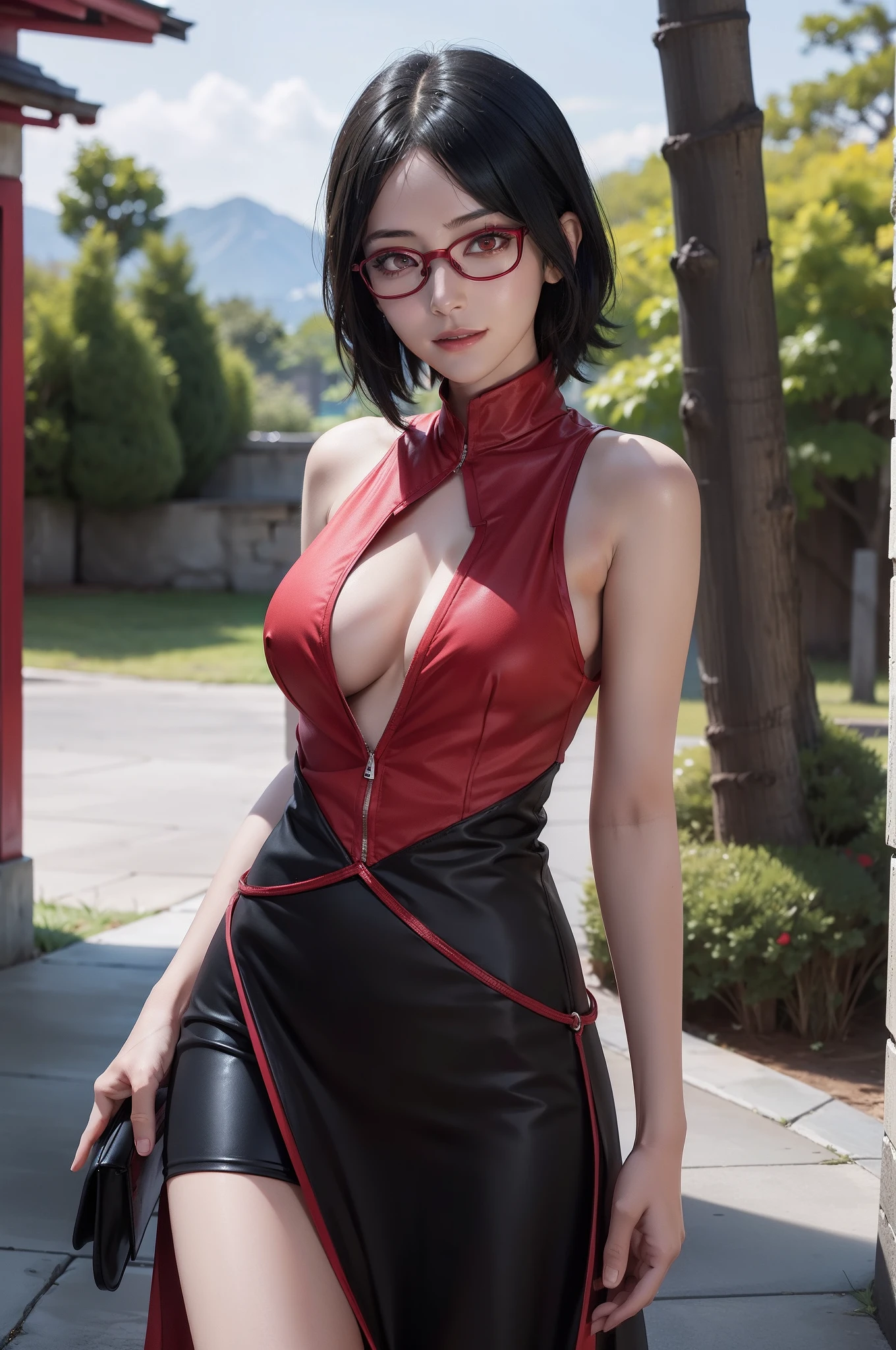 1girl, uchiha sarada in anime boruto, short hair, black hair, red eyes, smile, beautiful, sexy dress, sexy clothes, wear red glasses, red clothes, very big breast, realistic clothes, detail clothes, outdoor background, ultra detail, realistic