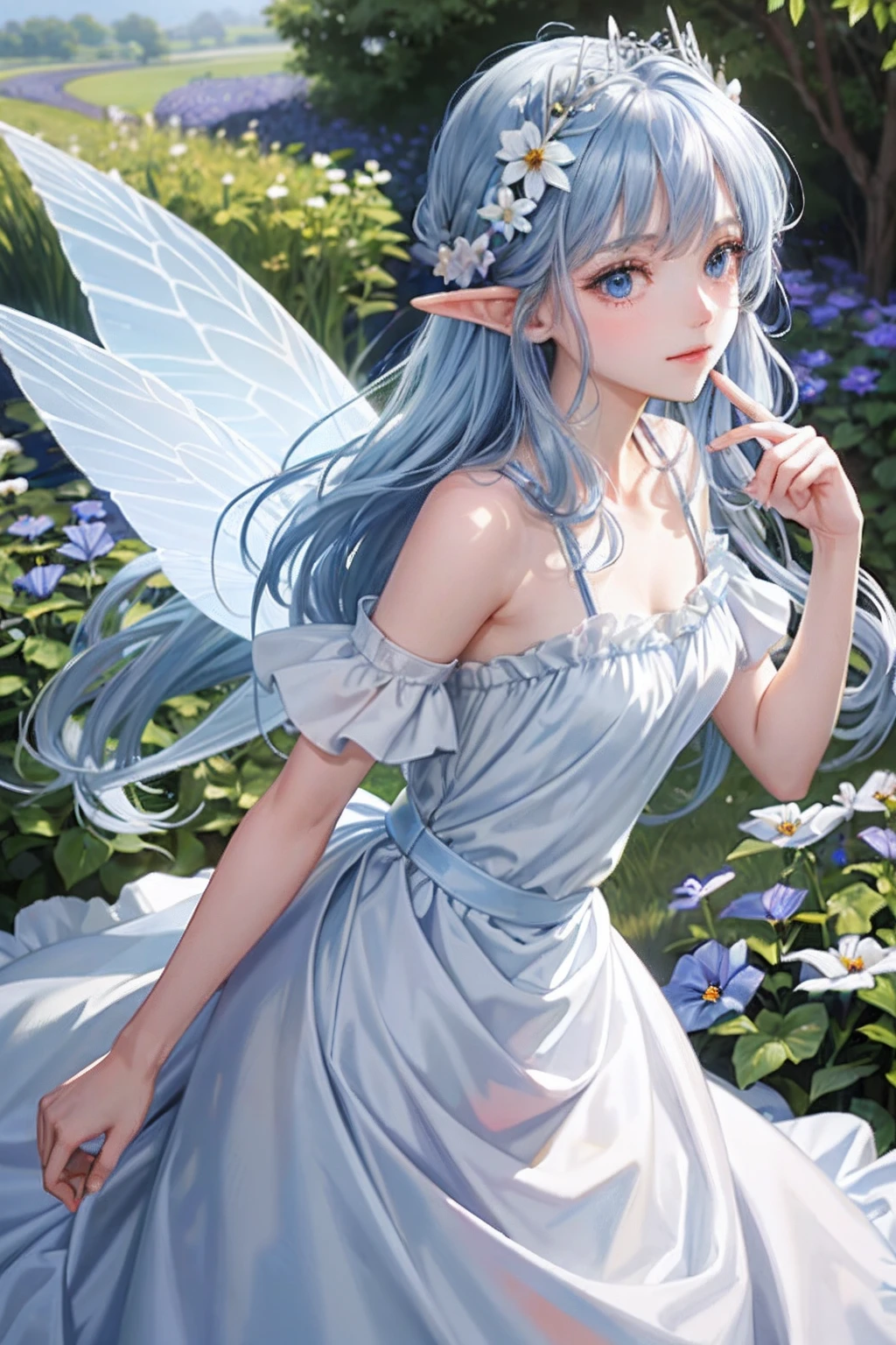 (Face focus)、(1womanl、独奏、Crystal clear white skin、Beautiful fece)、(blue hairs、Gray hair at the ends of the hair、Blue eyes、Elegant smile)、Morning glory fairy、Blue ruffled skirt and dress、Fairy wings、Morning glory blooms、elvish ears、morning glory、Garden in the early morning sun、A golden crown on the head、Morning glory hair accessories、The back has fairy wings、porate、All the same girls