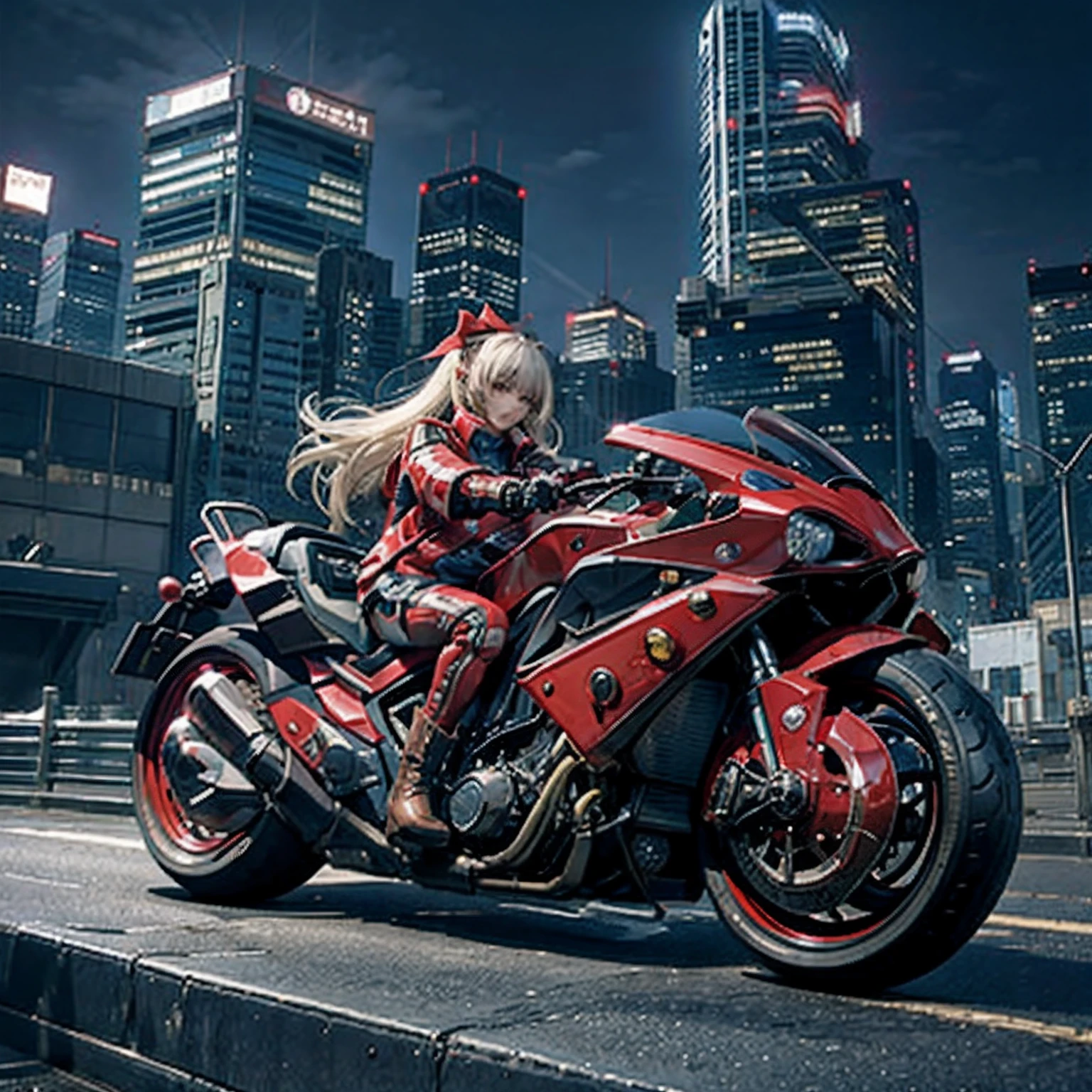 offcial art， Unity 8k壁纸， ultra - detailed， Beautiful and beautiful， tmasterpiece， best qualtiy， realisticlying， banya， Blushlush， long whitr hair， whaite hair， Striped hair， red eyes， hair bow， Moles under the eyes， Red Akirabike， riding motorcycles， natta， cyberpunk city landscape， Epic screen， 校服，