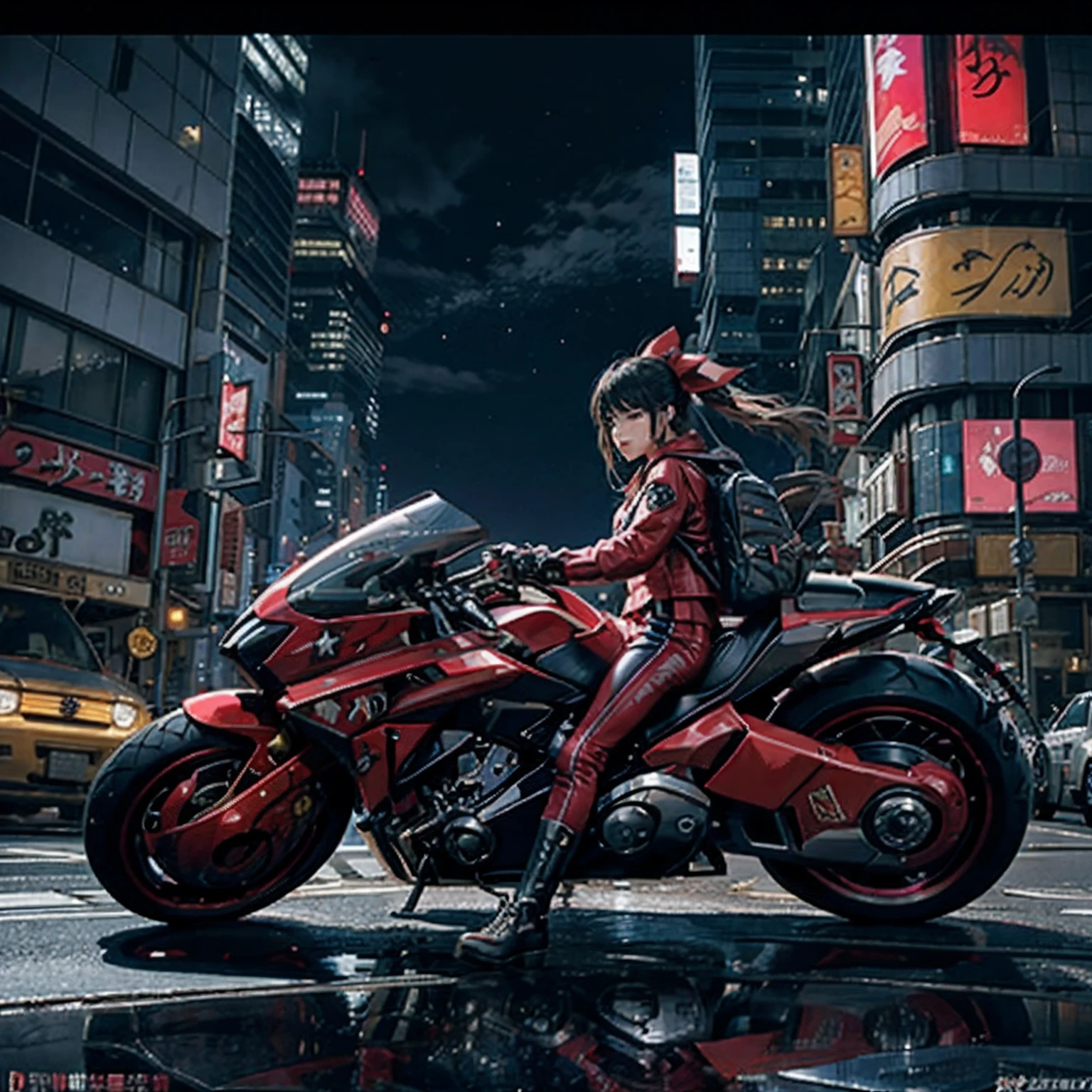offcial art, Unity 8k壁纸, ultra - detailed, Beautiful and beautiful, tmasterpiece, best qualtiy, realisticlying, banya, Blushlush, long whitr hair, whaite hair, Striped hair, red eyes, hair bow, Moles under the eyes, Red Akirabike, riding motorcycles, natta, cyberpunk city landscape, Epic screen, 校服,