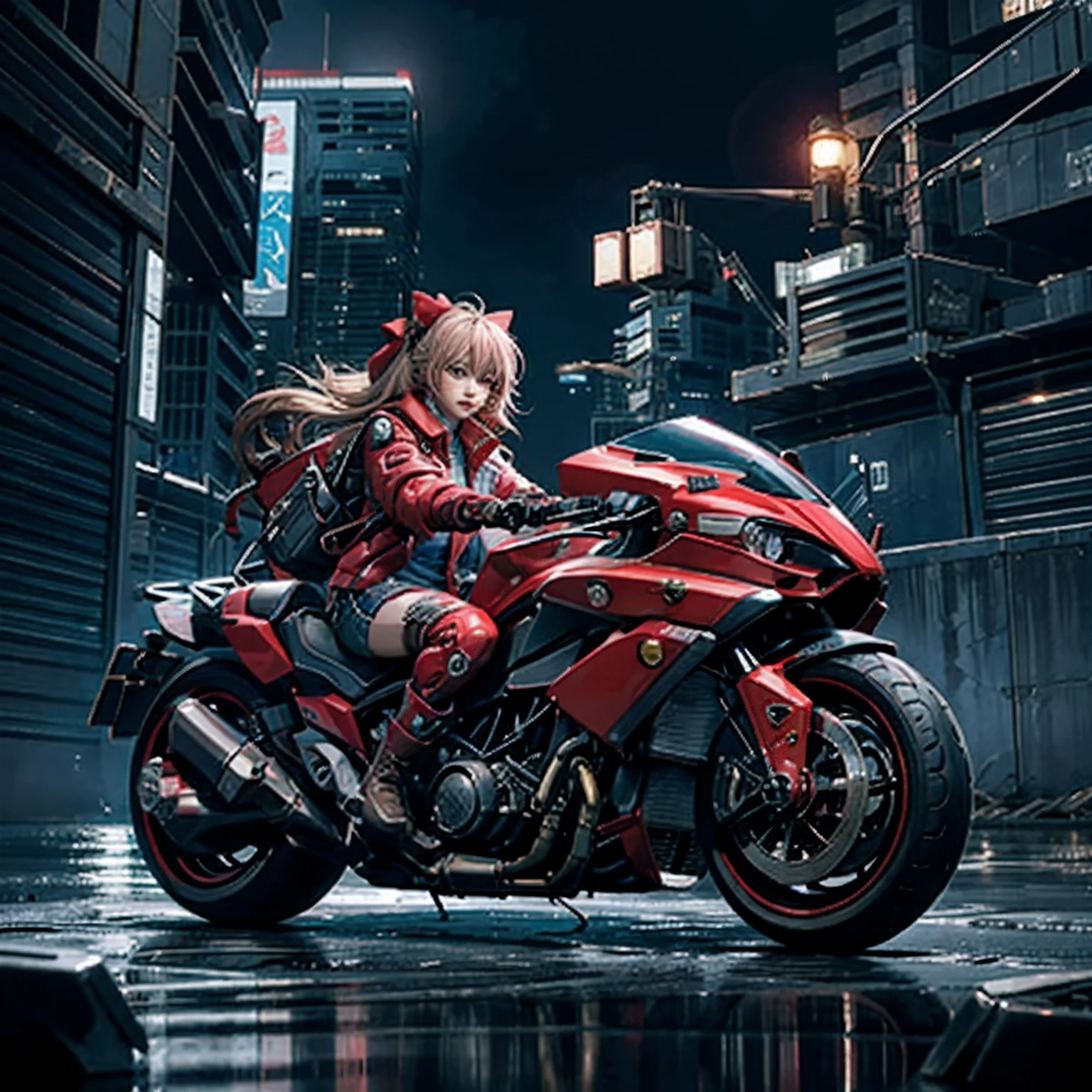 offcial art, Unity 8k壁纸, ultra - detailed, Beautiful and beautiful, tmasterpiece, best qualtiy, realisticlying, banya, Blushlush, long whitr hair, whaite hair, Striped hair, red eyes, hair bow, Moles under the eyes, Red Akirabike, riding motorcycles, natta, cyberpunk city landscape, Epic screen, 校服,