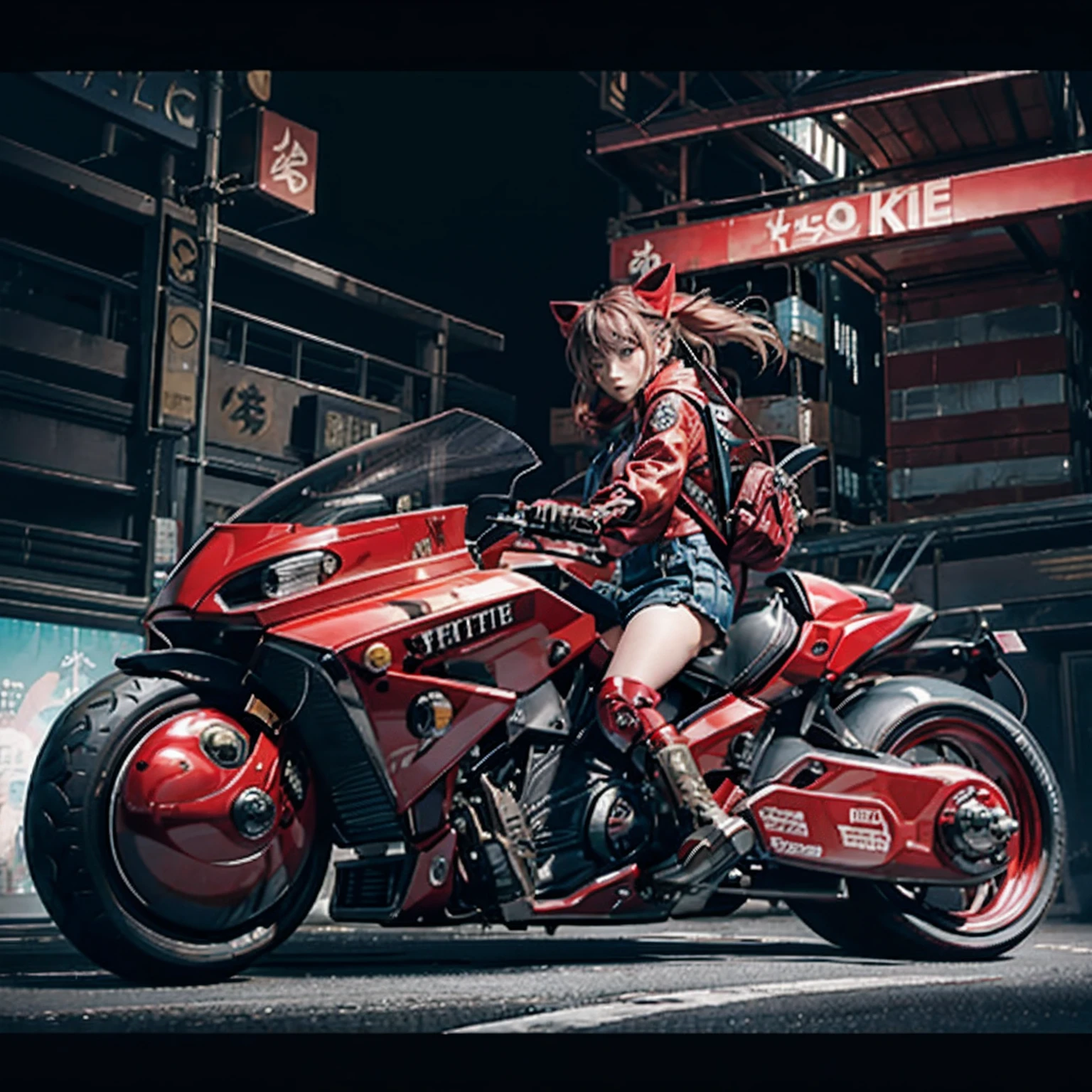 offcial art， Unity 8k壁纸， ultra - detailed， Beautiful and beautiful， tmasterpiece， best qualtiy， realisticlying， banya， Blushlush， long whitr hair， whaite hair， Striped hair， red eyes， hair bow， Moles under the eyes， Red Akirabike， riding motorcycles， natta， cyberpunk city landscape， Epic screen， 校服，