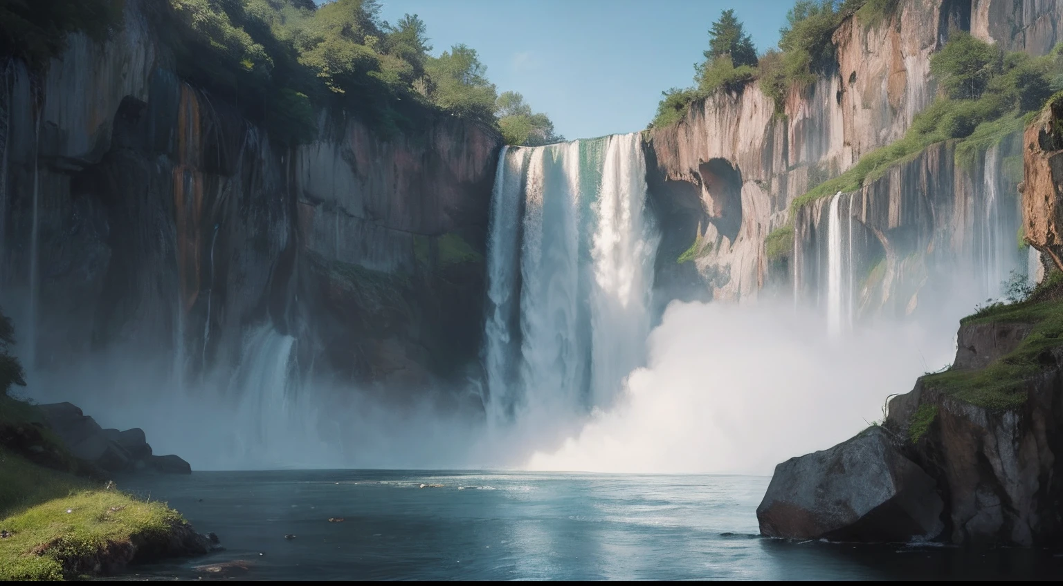 There is a cliff in front,background is waterfall, Waterfall in the distance, Fog from the waterfall, falls, Spectacular realistic cinematic visuals, There are no people、No buildings、floating waterfalls, huge waterfall, an endless waterfall, Realistic waterfalls, waterfall in the background, Epic cinematic sense, falls. heavy fog, Ultra-realistic 4K quality, Very wide waterfall