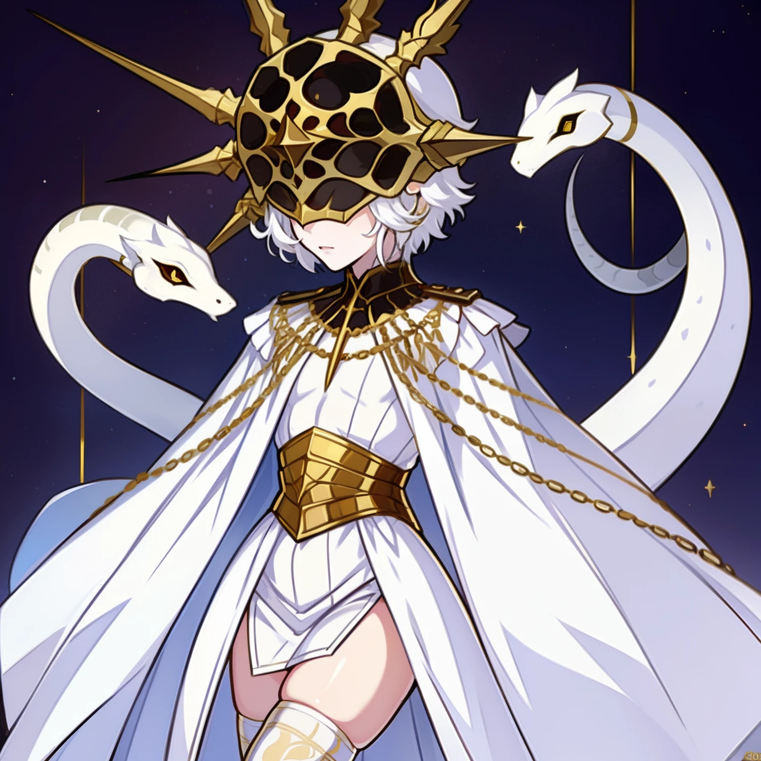 Gywndolin, white hair, androgynous, 1boy, male, femboy, flat-chested, GwyRob, white thighhighs, gold mask, covered eyes, gold jewelry, white elbow gloves, white dress, snakes, perfect anatomy, solo, fgo sprite