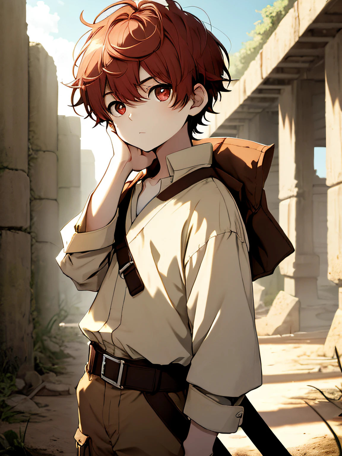 (masterpiece, Best Quality), (depth of fields:1.2) The whole body of boy, (younge boy), teenager face, delicate big eyes, red eyes, open your eyes, smooth and delicate skin, short square face, calm expression, infancy, young age, short round face, flat chin, finely detaild face, slender body, short bright red hair, sun light, vivd colour, (depth of fields:1.2), solid background, a boy, V-neck linen shirt, pale green. Pale skin. Ruins of a Jedi temple with a rocky desert, Jedi style baggy brown pants and light brown cloth belt.