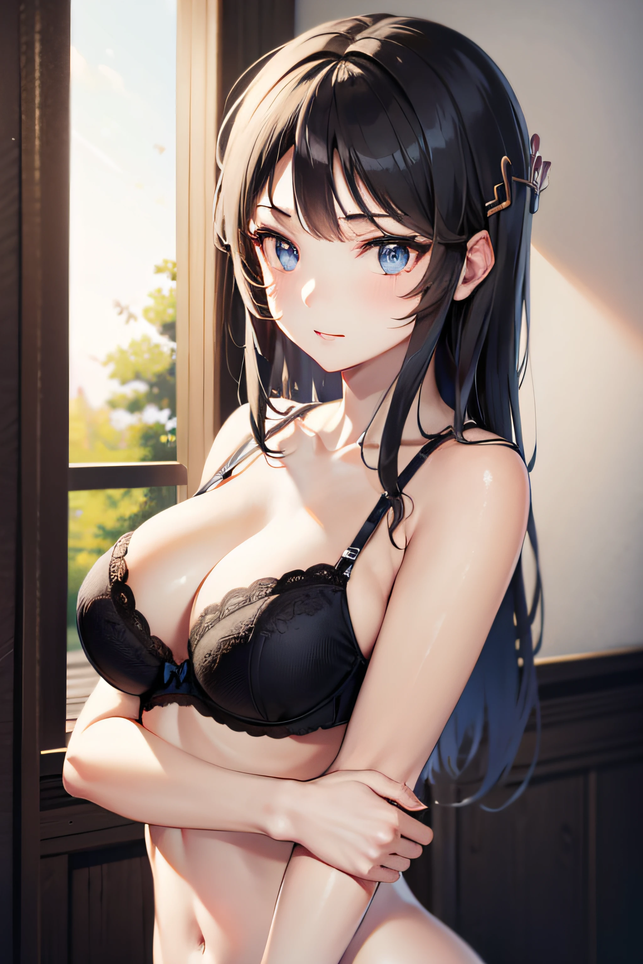 ((masterpiece, best quality, highres, UHD, perfect pixel)), Sakurajima mai, long hair, bangs, black hair, ((blue eyes:1.2, beautiful eyes, detailed eyes, extremely detailed eyes)), ((smooth texture:0.8, realistic texture:0.8)), medium breasts, indoor, bedroom, dynamic pose, busty, perfect body, ((upper body, from side)), blushing, ((cleavage:1.2)), ((bra, lingerie)), natural light