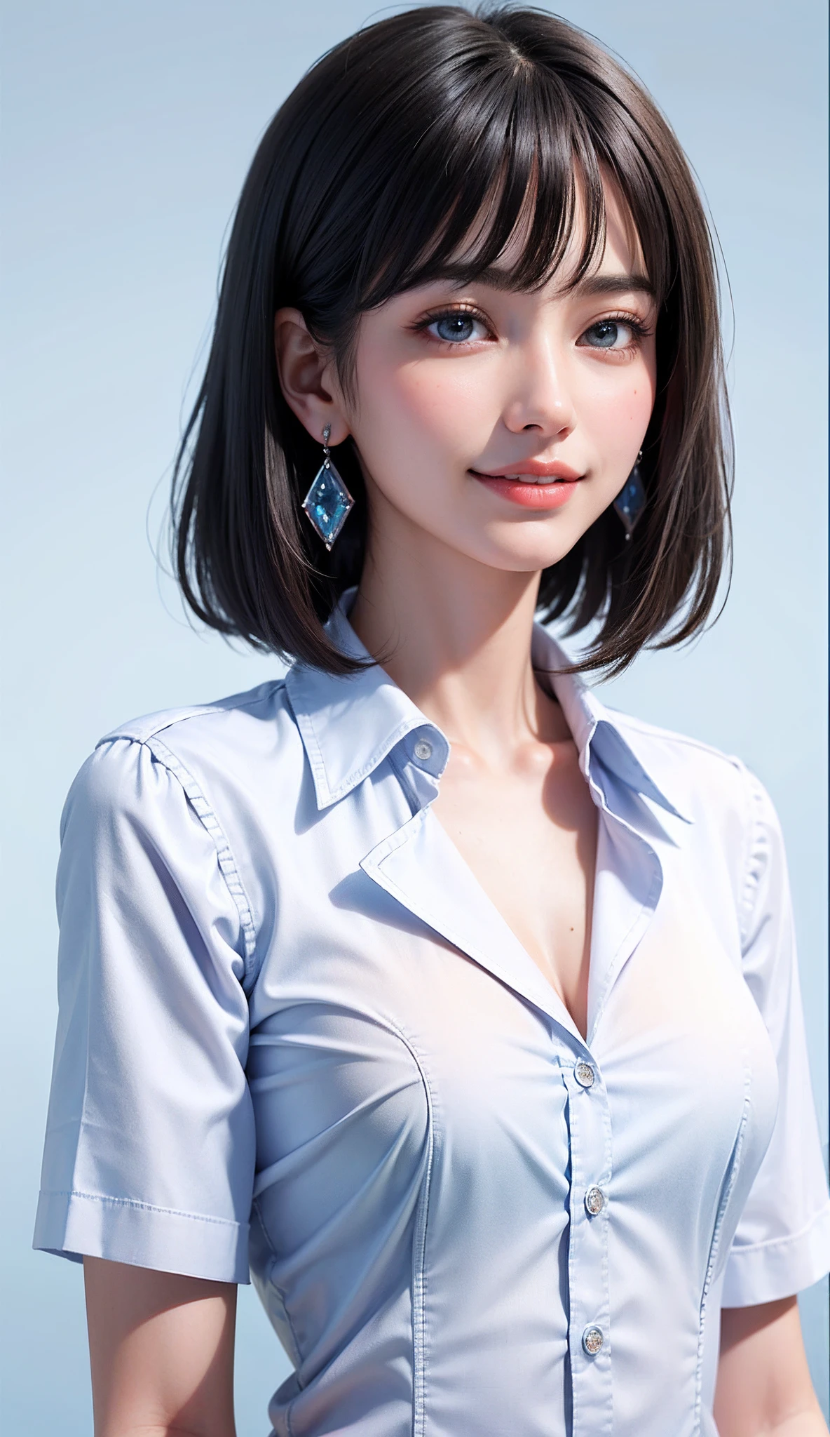 (high-level image quality、high-detail、hightquality、hight resolution、Draw everything in high resolution)、Intense crystal light blue eyes、Small diamond-shaped earrings、Look firmly at the camera、Put your ears out、Put out both ears、Beautiful short black hair、Beautiful very short beautiful hair with bangs、beautiful decollete、Beautiful 28 years old、lipgloss、long neck、Happy smile、Beautiful teeth alignment、Beautie、Pretty Woman、Open collar white business shirt、Smile at your audience、Beautiful teeth、Beautiful teeth alignment、Very small face、tall supermodel、Supermodel with broad shoulders