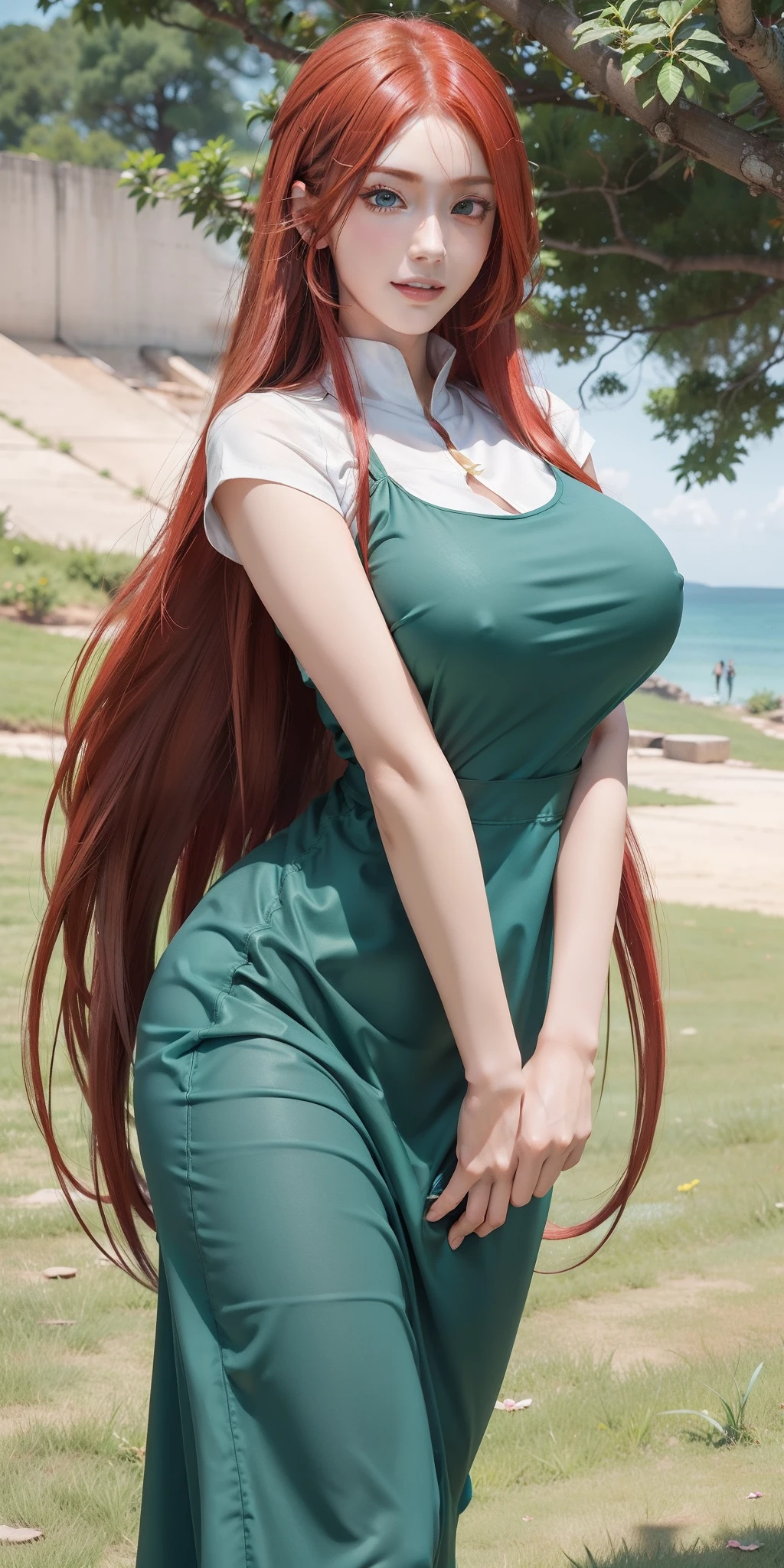 1girl, uzumaki kushina in anime naruto, long hair, red hair, blue eyes, smile, beautiful, sexy dress, sexy clothes, green clothes, very big breast, realistic clothes, detail clothes, outdoor background, ultra detail, realistic