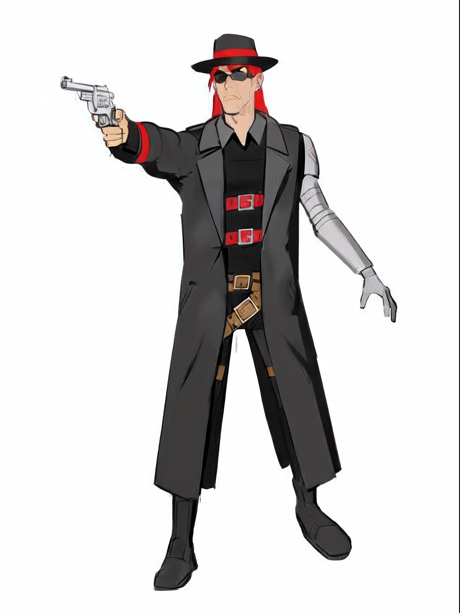 a cartoon of a man in a black coat holding a gun, full body black and red longcoat, d & d style full body portrait, full body character, single character full body, rpg portrait full body, full body with costume, full body character design, trigger anime artstyle, full length character, official character illustration, full body single character, character full body portrait