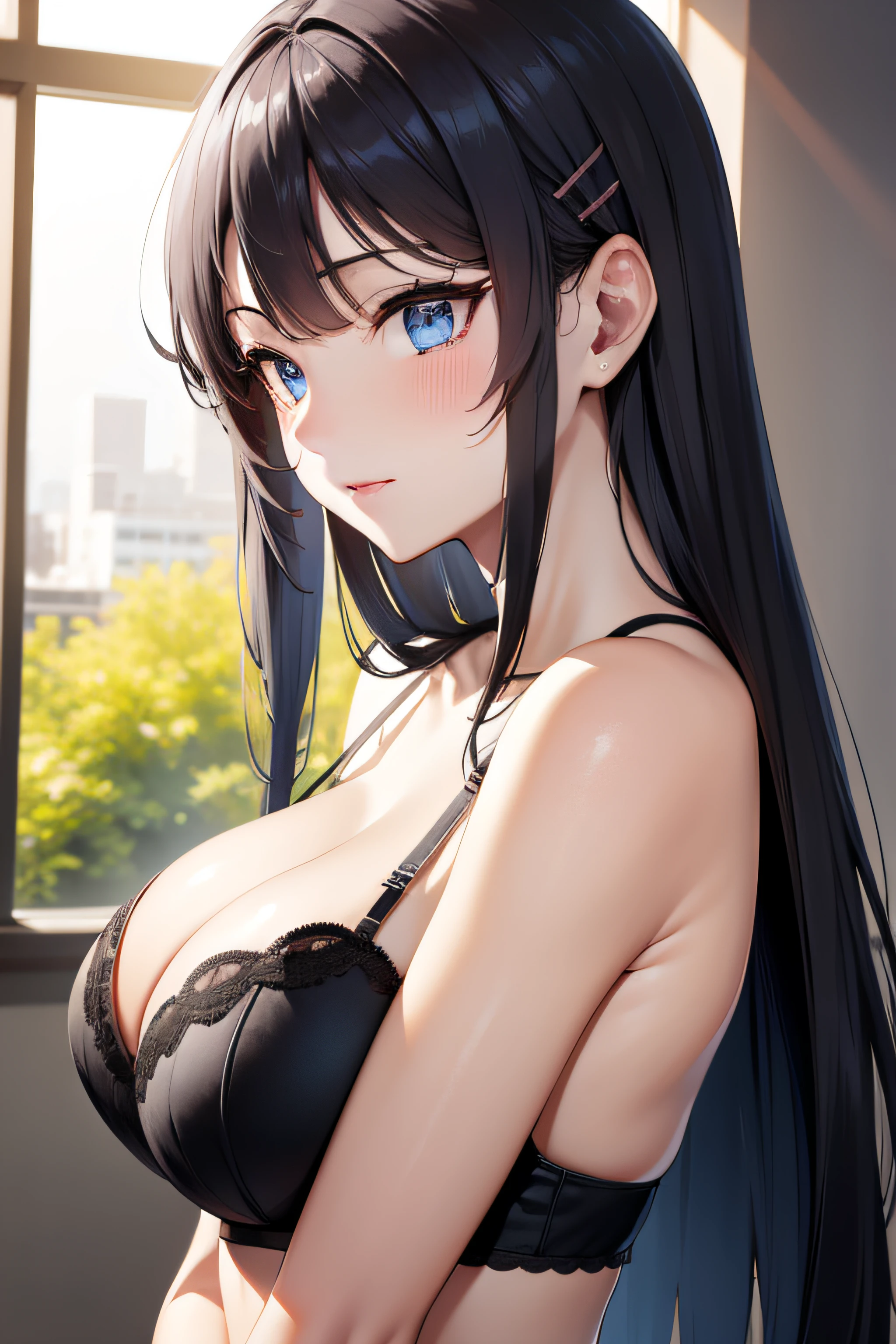 ((masterpiece, best quality, highres, UHD, perfect pixel)), Sakurajima mai, long hair, bangs, black hair, ((blue eyes:1.2, beautiful eyes, detailed eyes, extremely detailed eyes)), ((smooth texture:0.8, realistic texture:0.8)), medium breasts, indoor, bedroom, dynamic pose, busty, perfect body, ((upper body, from side)), blushing, ((cleavage:1.2)), ((bra, lingerie)), natural light