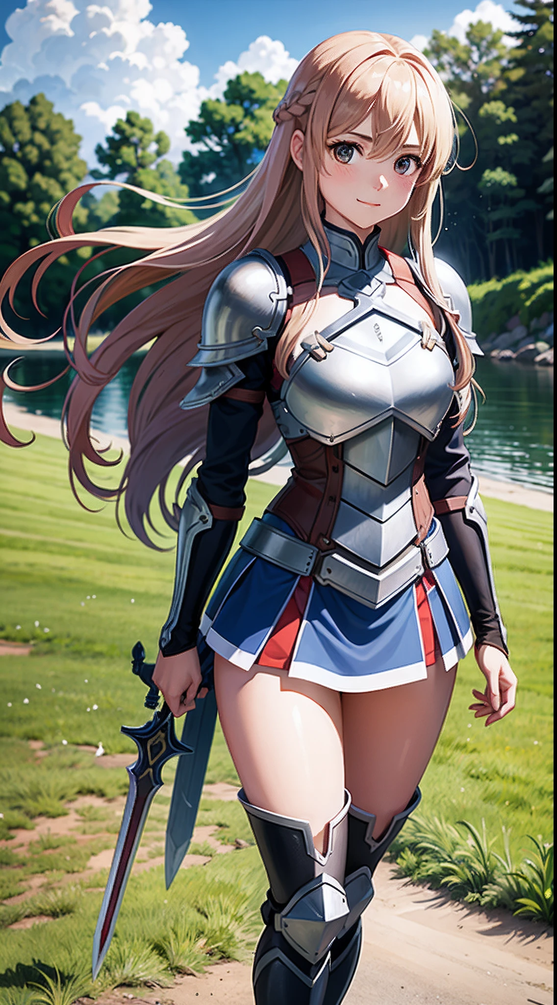 1girl in, s Armor, Asuna_\(As estrelas\), By bangs, Bare_bshoulders, midynight, Red blush, Boots, Braids, chest plate, chest plate, nedium breasts, brown_Eyes, Closed_Mouth, ​​clouds, Hair fluttering in the wind, natta, starrysky, milky ways, grassy, Hair_between_Eyes, Long_Hair, Looking_at_peeping at the viewer, mont, En plein air, Lake, Hold the sword, skirt by the, Skysky, A smile, 独奏, thighs thighs thighs thighs, Very_Long_Hair