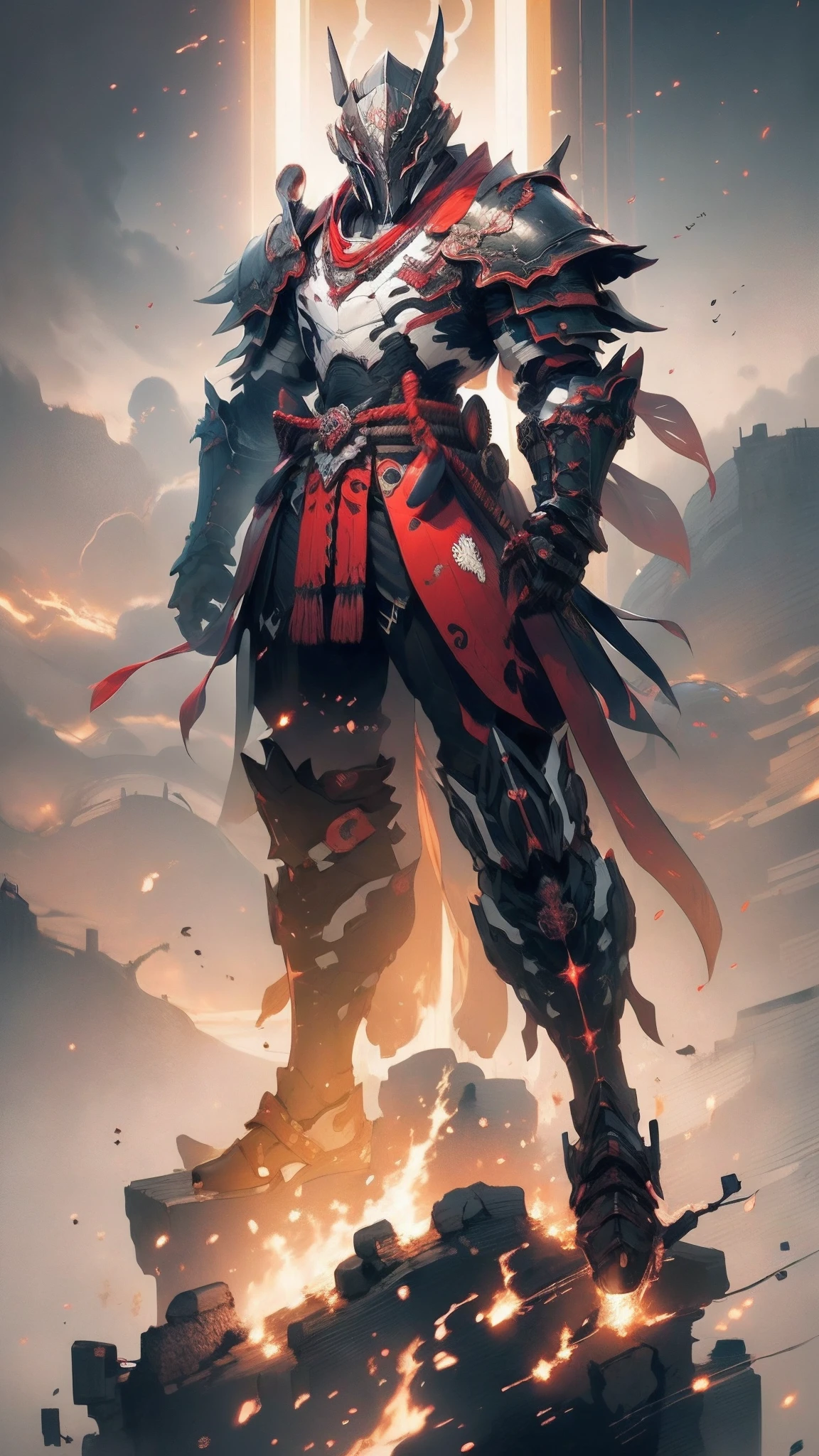 ((top-quality)), ((masterpiece)), ((ultra-detailliert)),(8k wallpaper:1.2),(Ultra-high resolution:1.2),(masterpiece:1.1),wallpaper,High quality,(High detail),(absurdres, highres, ultra detailed),( best quality:1.2),(dark souls character:1),1 man, Cybernetic knight, wearing a futuristic mouth mask, wearing a red black and white samurai armour, concept art for a character, surrounded by dead samurai,dark souls,gritty,dark fantasy, highest quality digital art, wallpaper 8k
