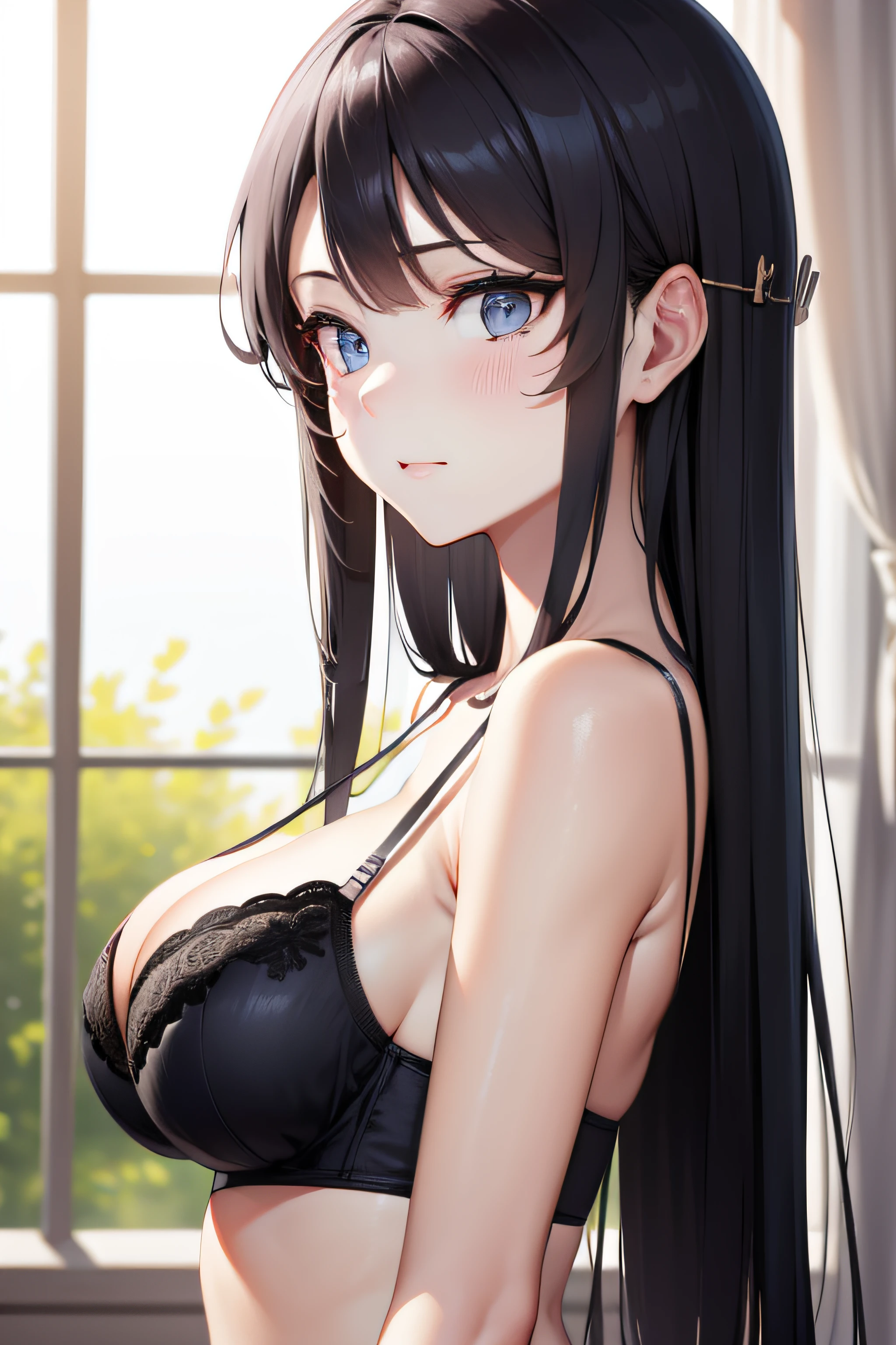 ((masterpiece, best quality, highres, UHD, perfect pixel)), Sakurajima mai, long hair, bangs, black hair, ((blue eyes:1.2, beautiful eyes, detailed eyes, extremely detailed eyes)), ((smooth texture:0.8, realistic texture:0.8)), ((medium breasts, cleavage)), indoor, bedroom, dynamic pose, busty, perfect body, ((upper body, from side)), blushing, ((bra, lingerie)), natural light