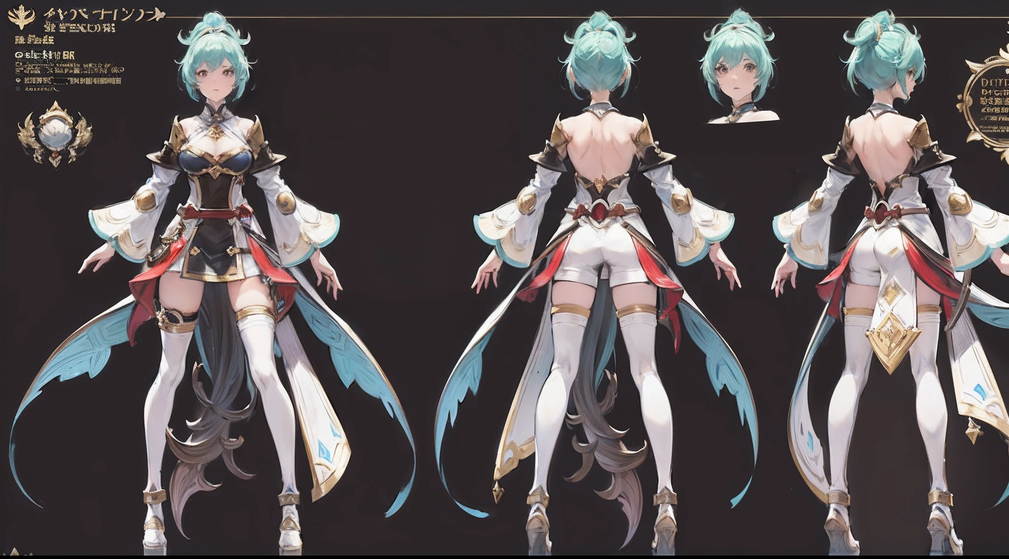 character reference sheet, 1 woman, 20 years old, ((granblue fantasy character)), wearing blade and soul and granada espada hybrid costume, complete full body, character design sheet, ((front view and back view only)) light colors themed costume design, symmetrical elements in costume, costume simulation detection like in CLO, marvelous designer, 8k resolution, ultra high definition image output