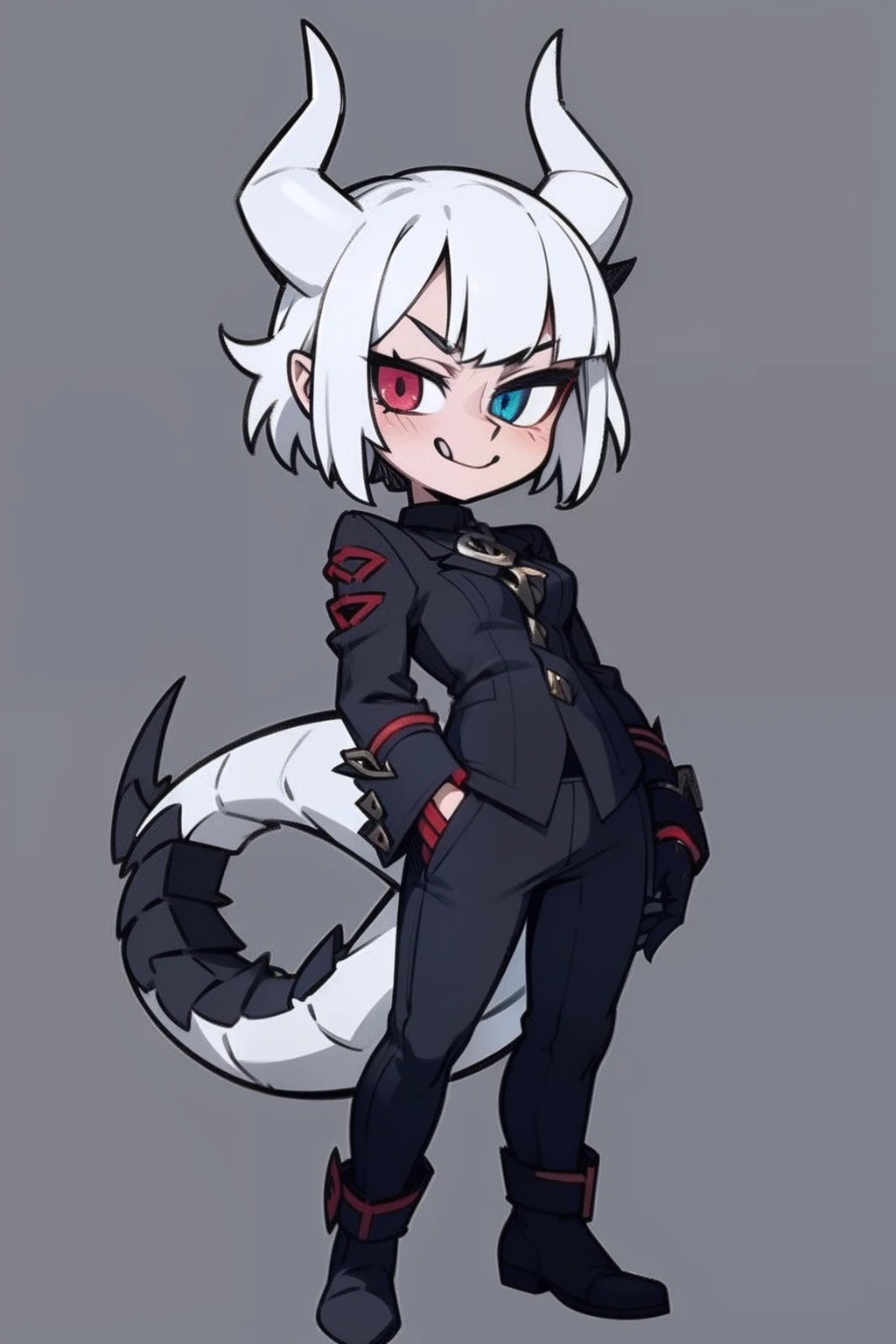 (Best quality: 1.0), (super high res: 1.0), extremely detailed character, detailed hands, half-dragon girl, horns, scales on the neck, scales on the shoulders, scales on the forearm, scales on the cheek, girl with dragon tail, dragon tail, extremely detailed hair, short hair, ((white hair)), ((black locks)), extremely detailed eyes, eye with different colors, heterochromia, white right eye and black left eye,  dragon eyes, 2d, anime art, ((child)), ((full body)), standing, medieval, Rpg, small, cute, showing tongue, mischievous expression, mischievous face, mischievous, playful