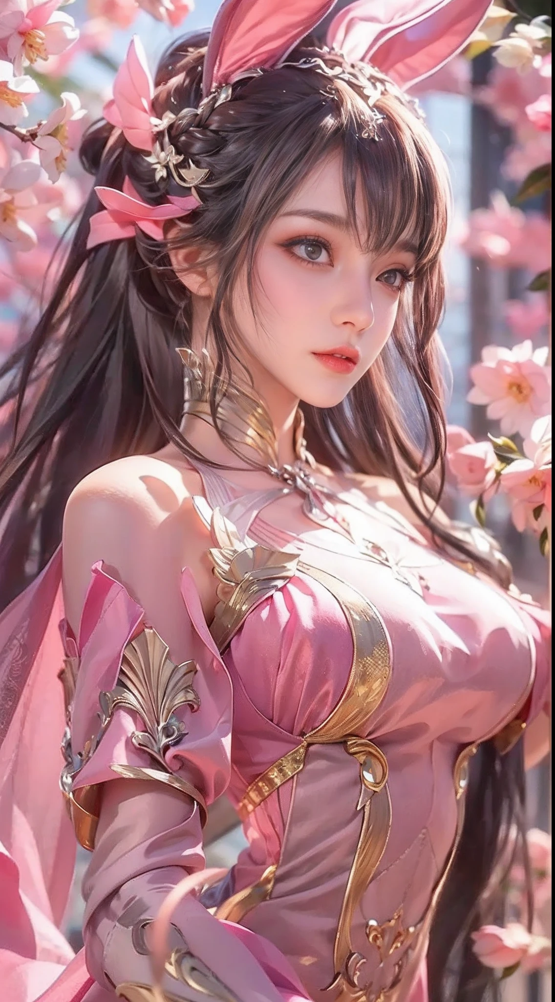 (1girl:1.3), Solo, __body-parts__, Official Art, Unity 8k Wallpaper, Ultra Detailed, Beautiful and Aesthetic, Masterpiece, Best Quality, RAW, Super Fine Photo, Best Quality, Ultra High Resolution, Photorealistic Photorealism, Sunlight, Full Body Portrait, Amazing Beauty, Delicate Face, Vibrant Eyes, (From the Front), Detailed Face, Gorgeous, Highly Detailed Skin, Realistic Skin Details, Visible Pores, Sharp Focus, Volume Fog, 8K uhd, DSLR, high quality, film grain, fair skin, photo realism, brunette hair, brunette hair, breasts, open eyes, split sleeves, skinny, transparent, pink, dress, transparent panties, pink, twisted braid, long braid, jewelry, gold accessories, gorgeous accessories, complex, delicate lips, long hair, medium breasts, outdoor, closed lips, petals, peach blossoms, rabbit ears, pink rabbit ears, standing, dynamic pose, upper body