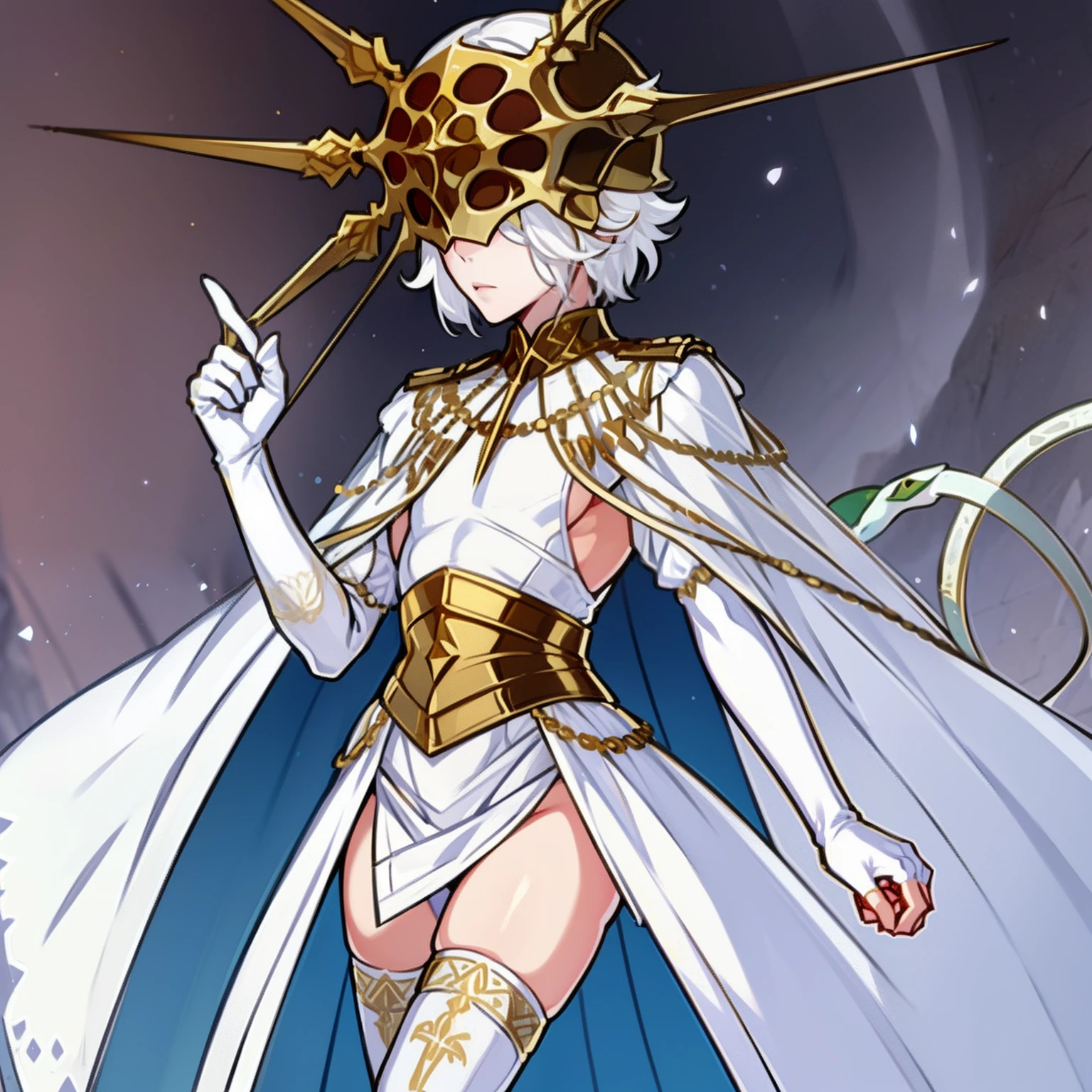 Gywndolin, white hair, androgynous, 1boy, male, femboy, flat-chested, GwyRob, white thighhighs, gold mask, covered eyes, gold jewelry, white elbow gloves, white dress, green snakes, perfect anatomy, solo, fgo sprite