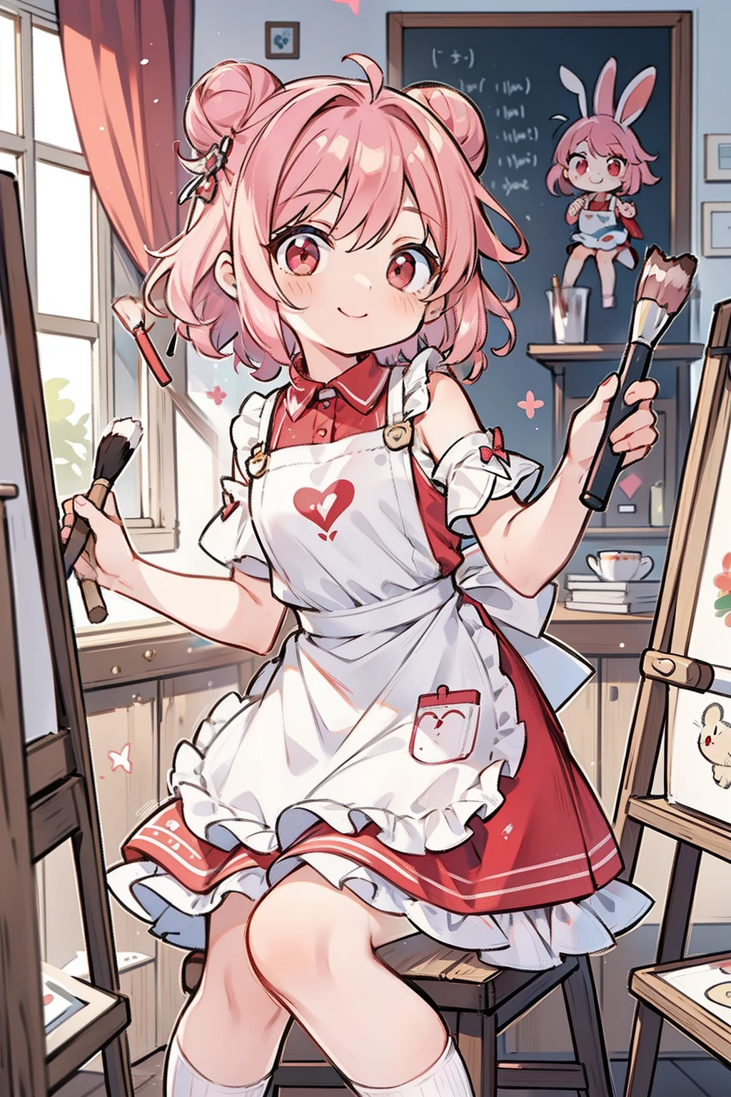 masterpiece, best quality, 1girl, short hair, shoulder-length hair, pink hair, curly hair, two buns, (red eyes), smiling, wearing an art apron, skirt, in the art room, many canvas, holding a brush, focusing on the game, sitting on the chair, with paint on one's face