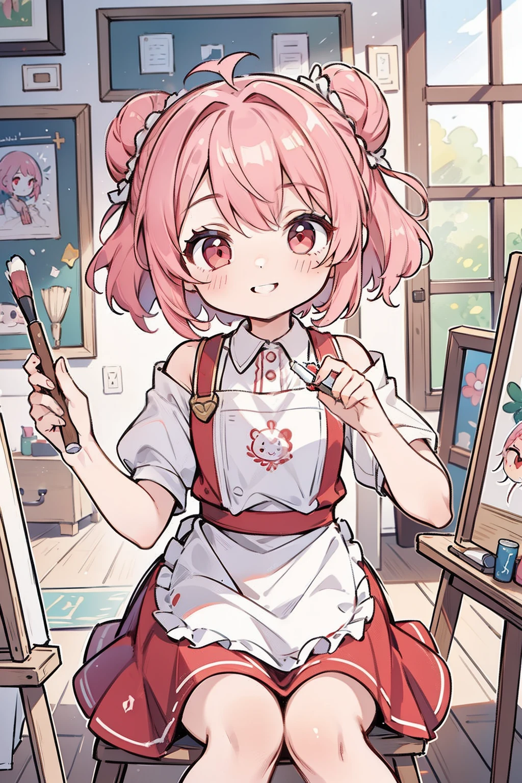 masterpiece, best quality, 1girl, short hair, shoulder-length hair, pink hair, curly hair, two buns, (red eyes), smiling, wearing an art apron, skirt, in the art room, many canvas, holding a brush, focusing on the game, sitting on the chair, with paint on one's face