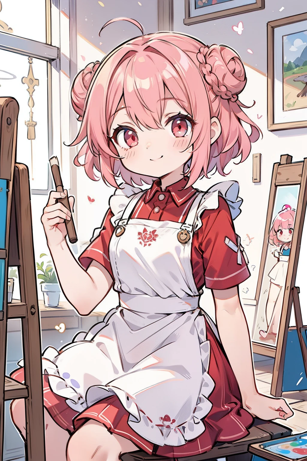 masterpiece, best quality, 1girl, short hair, shoulder-length hair, pink hair, curly hair, two buns, (red eyes), smiling, wearing an art apron, skirt, in the art room, many canvas, holding a brush, focusing on the game, sitting on the chair, with paint on one's face