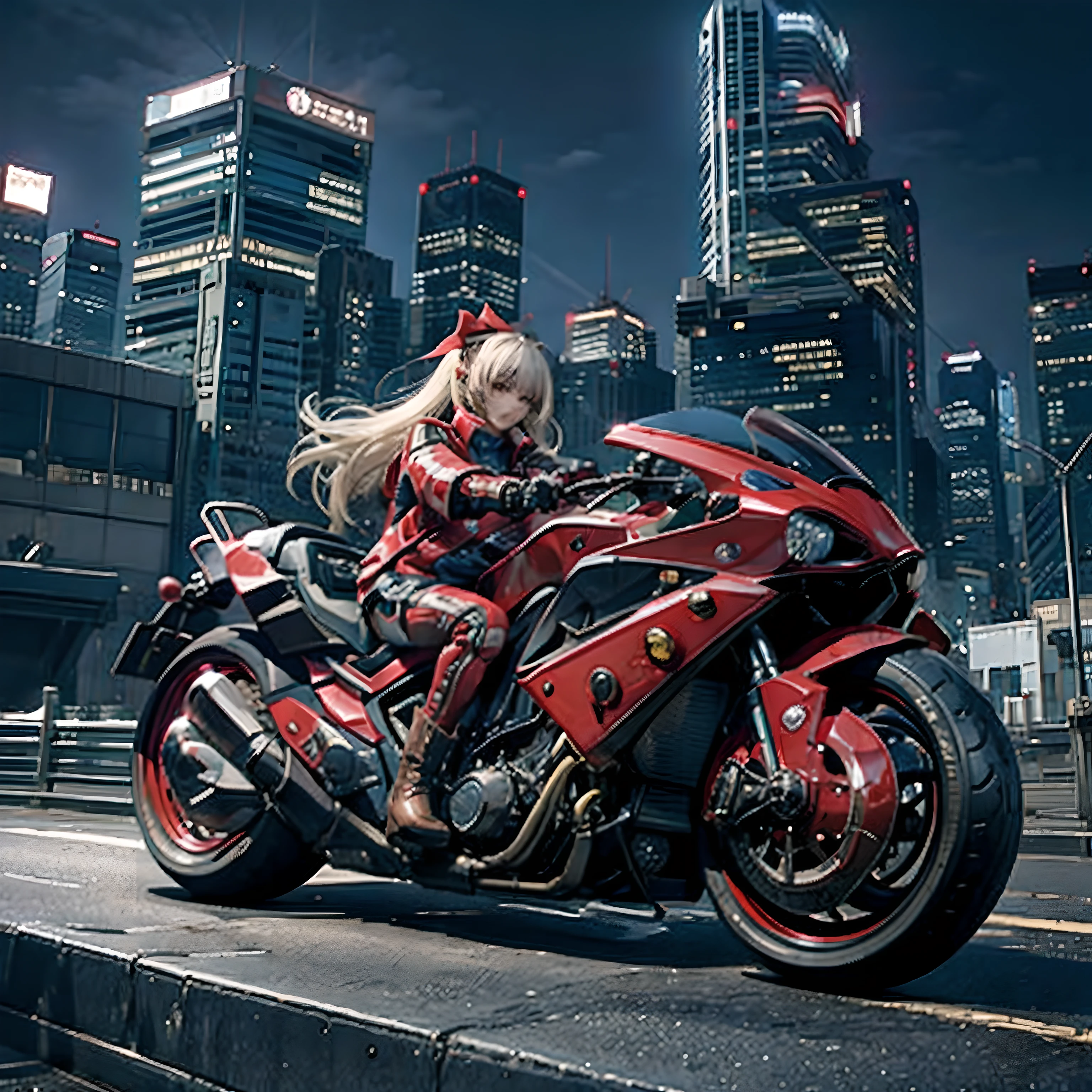 offcial art， Unity 8k壁纸， ultra - detailed， Beautiful and beautiful， tmasterpiece， best qualtiy， realisticlying， banya， Blushlush， long whitr hair， whaite hair， Striped hair， red eyes， hair bow， Moles under the eyes， Red Akirabike， riding motorcycles， natta， cyberpunk city landscape， Epic screen， 校服，