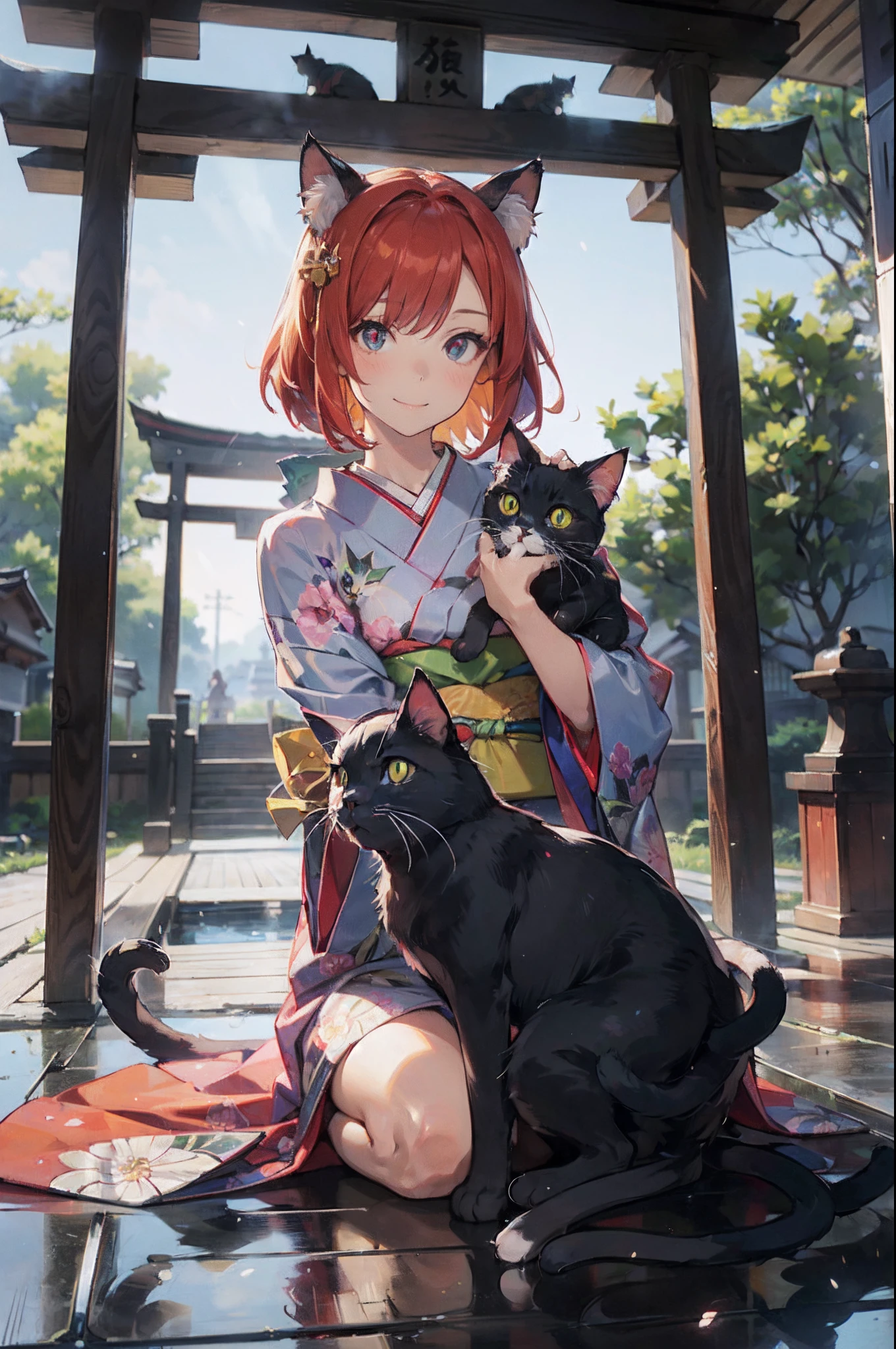 masutepiece, Best Quality, Detailed beautiful face and eyes, Full body, The best illustrations, PastelColors, (jpn、Shrine 1.4), Red torii gate, beauitful face, blurry backround, beautiful girl, shinny skin, (1The tail of a cat in a book grows:1.3), Sharp pupils, Realistic pupils, Glowing red hair, bob cuts, Eyes are yellow, Cat's ears, Floral hair ornament, Gentle smile, Curve, (Kimono:1.2), facing front