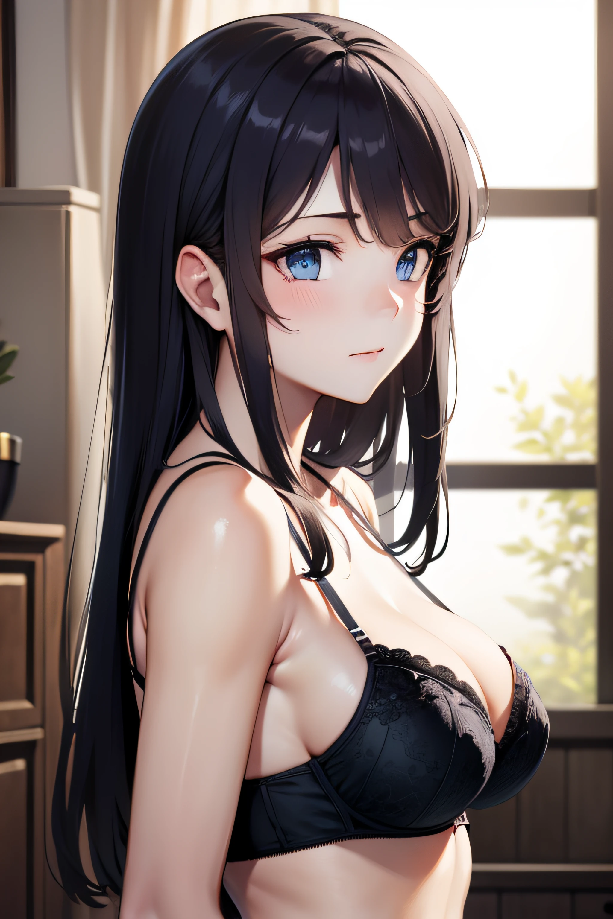 ((masterpiece, best quality, highres, UHD, perfect pixel)), Sakurajima mai, long hair, bangs, black hair, ((blue eyes:1.2, beautiful eyes, detailed eyes, extremely detailed eyes)), ((smooth texture:0.8, realistic texture:0.8)), ((medium breasts, cleavage)), indoor, bedroom, dynamic pose, busty, perfect body, ((upper body, from side)), blushing, ((bra, lingerie)), natural light