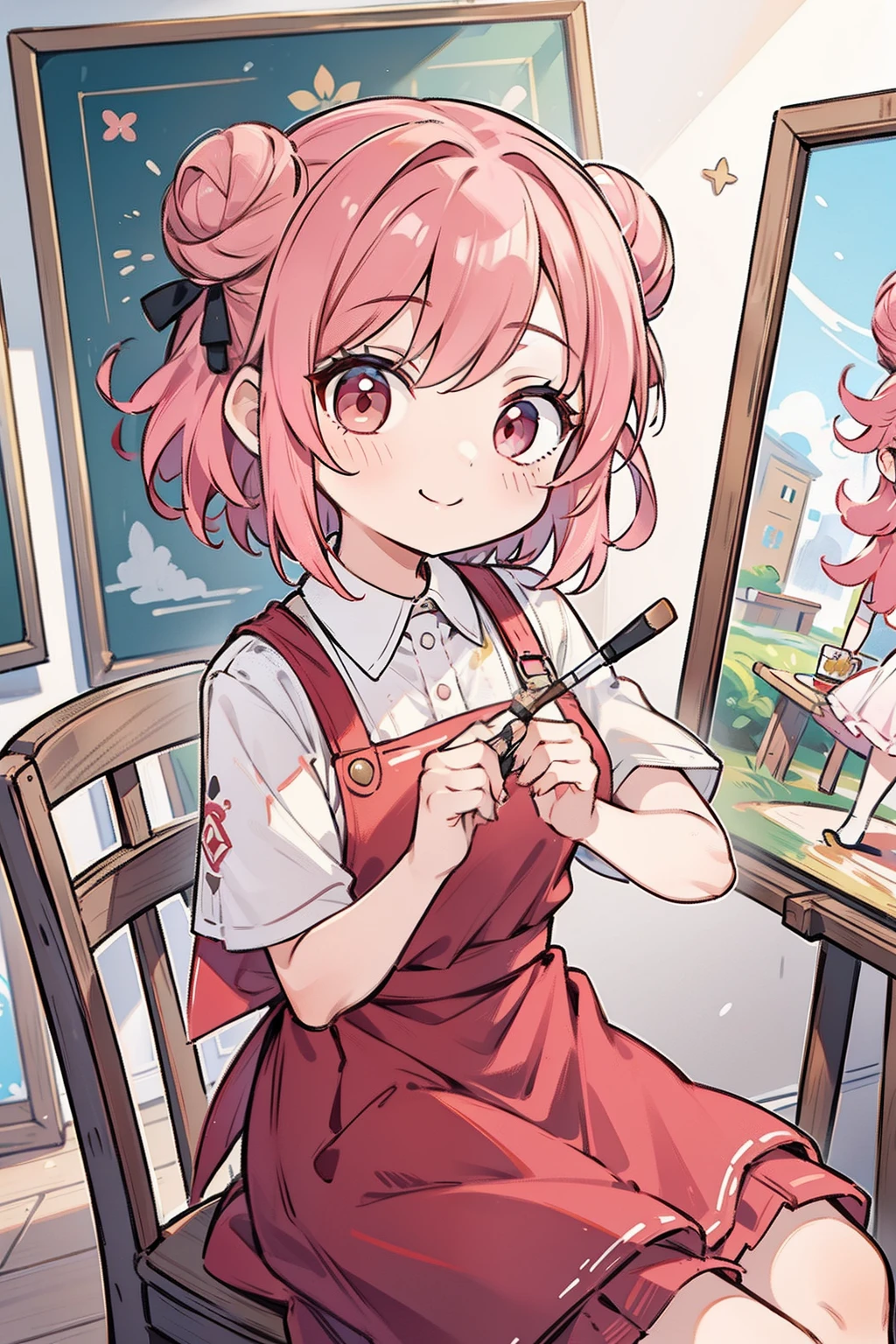 masterpiece, best quality, 1girl, short hair, shoulder-length hair, pink hair, curly hair, two buns, (red eyes), smiling, wearing an art apron, skirt, in the art room, many canvas, holding a brush, painting the art, sitting on the chair, with paint on one's face