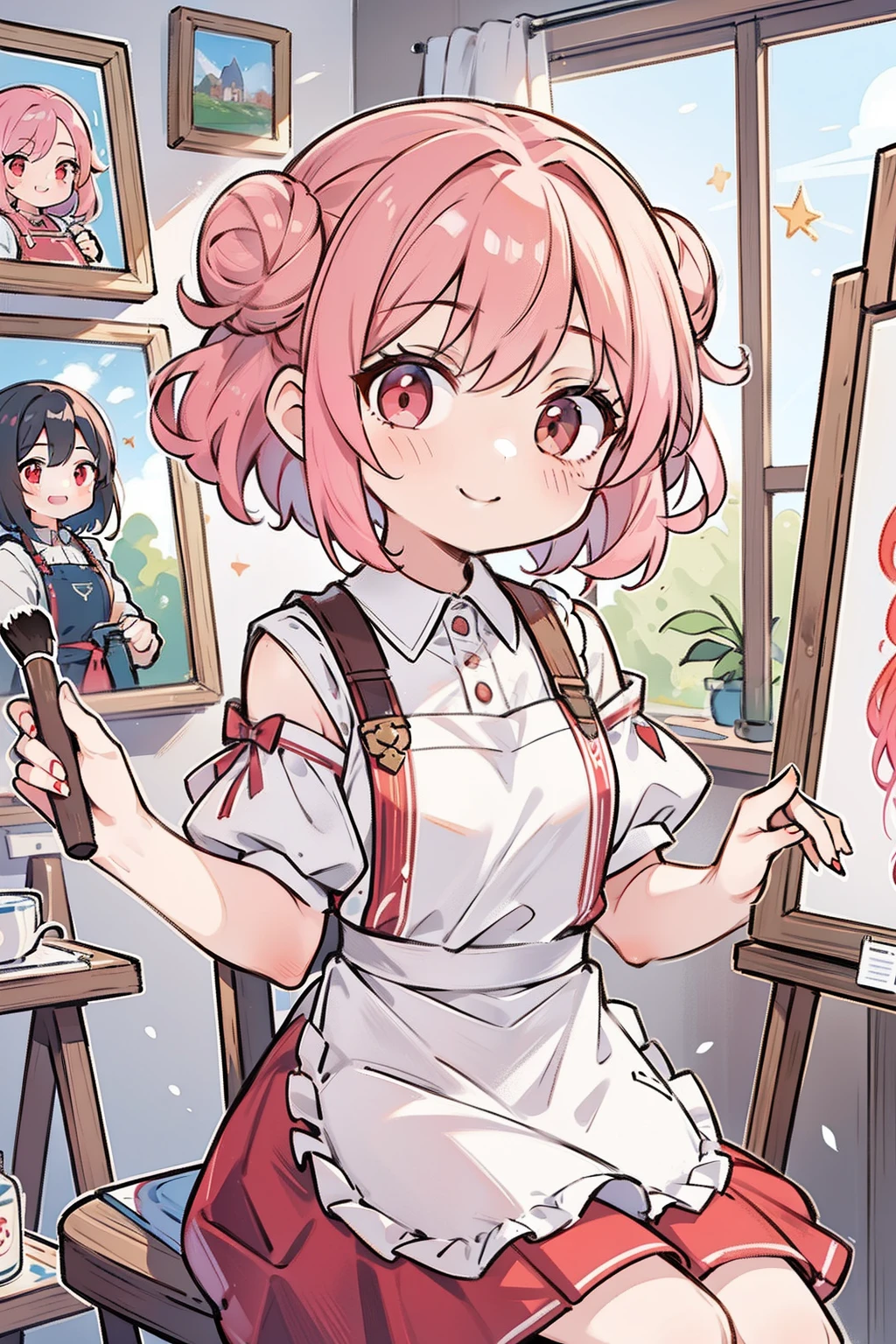 masterpiece, best quality, 1girl, short hair, shoulder-length hair, pink hair, curly hair, two buns, (red eyes), smiling, wearing an art apron, skirt, in the art room, many canvas, holding a brush, painting the art, sitting on the chair, with paint on one's face