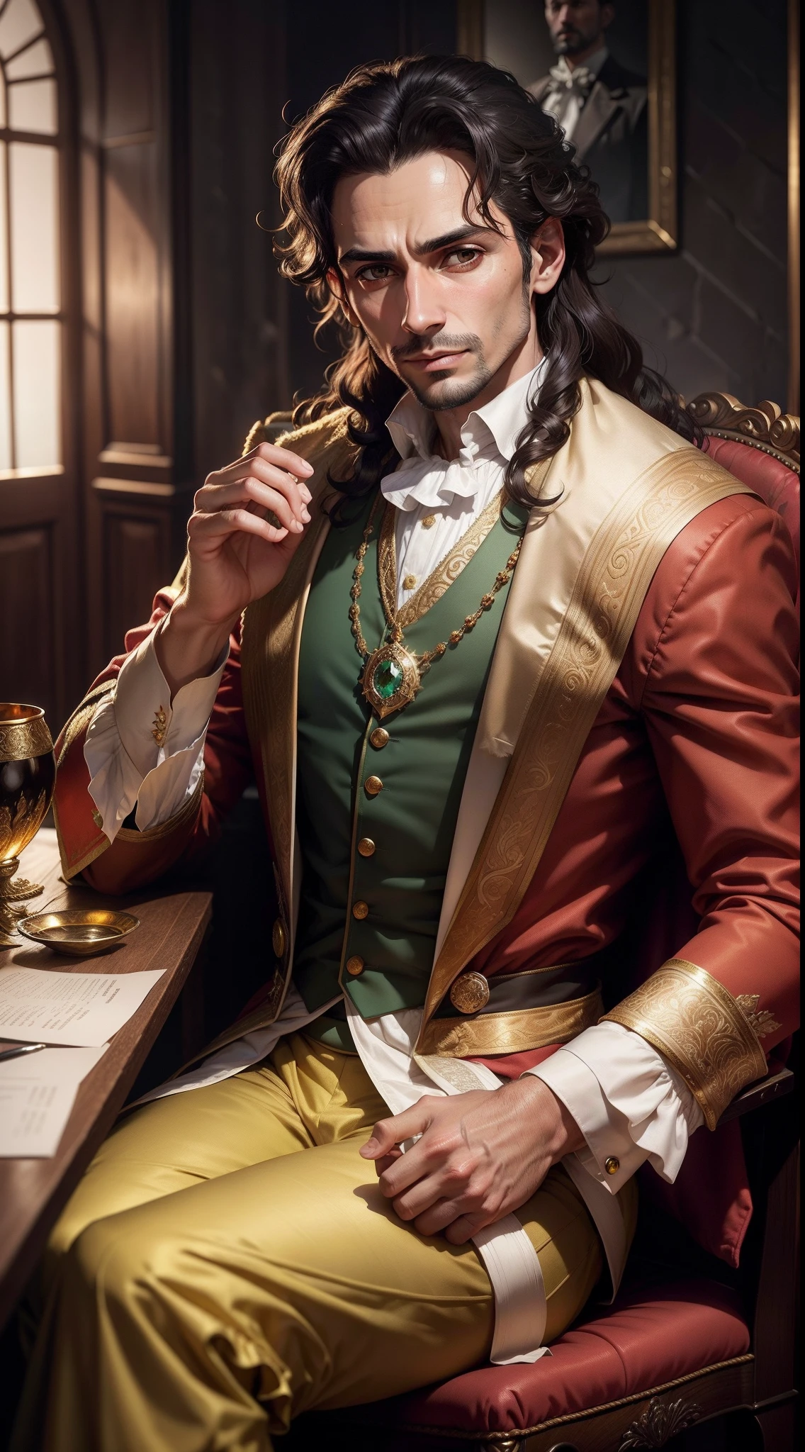 Gaspar Pereira, trader, age of 30, man, male, middle-aged, smooth face, brown Portuguese hair, no beard, thin, Portuguese face and limbs, Portuguese trader or merchant clothes, good living, delicate, thin, expertise in finance, very greed face and emotion, look like Scrooge in Christmas Carol, luxurious clothes and accessories, emerald ring and decoration, conservative, suspicious, conspiracy, grim emotion, background is India Merchant's street 15th century, realistic, expensive and dedicate and sophisticate clothes, ducat or gold coin on table, golden bullion on table, renaissance, age of exploration, darkish portuguese skin