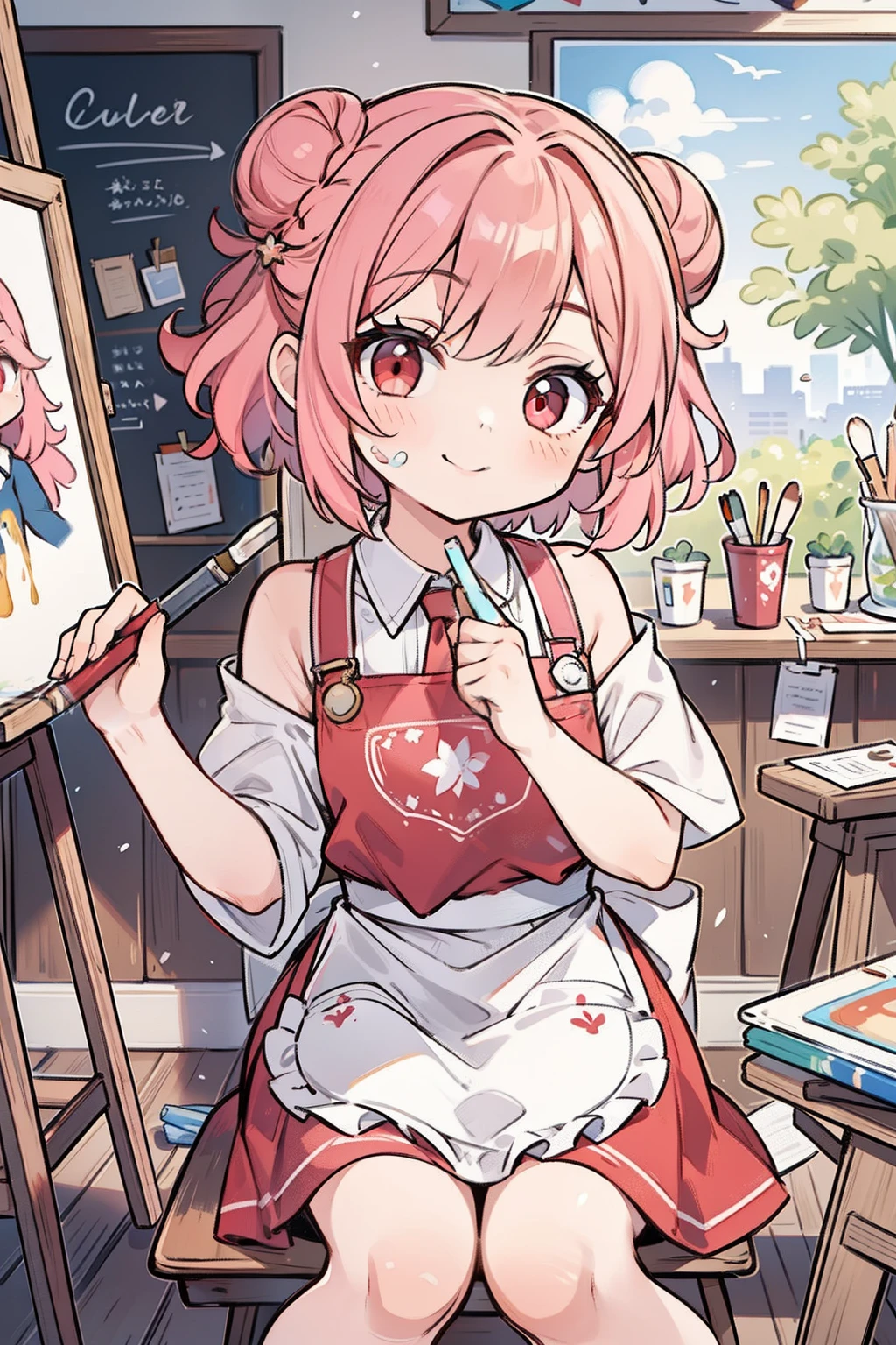 masterpiece, best quality, 1girl, short hair, shoulder-length hair, pink hair, curly hair, two buns, ((red eyes)), smiling, wearing an art apron, skirt, in the art room, many canvas, holding a brush, painting the art, sitting on the chair, with paint on one's face