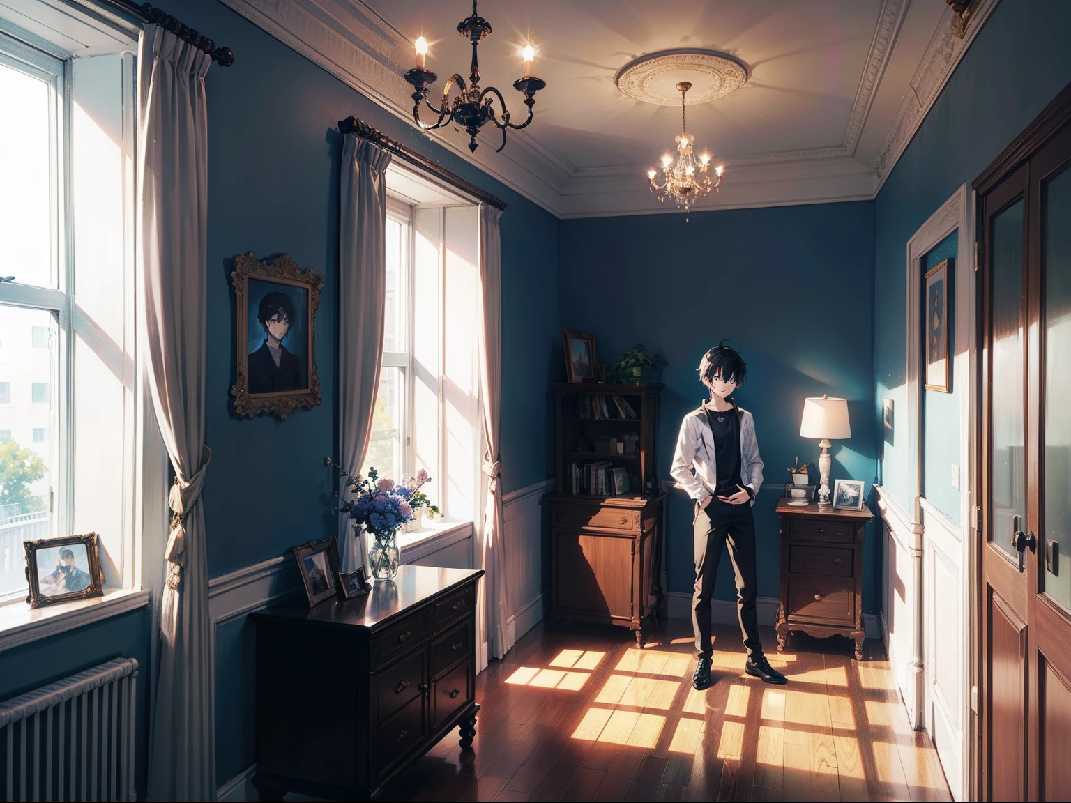 One boy looked surprised，Black color hair，blue color eyes，Handsome，Room inside the house，Illustration anime style，Dark 4K, hyper HD, Masterpiece
