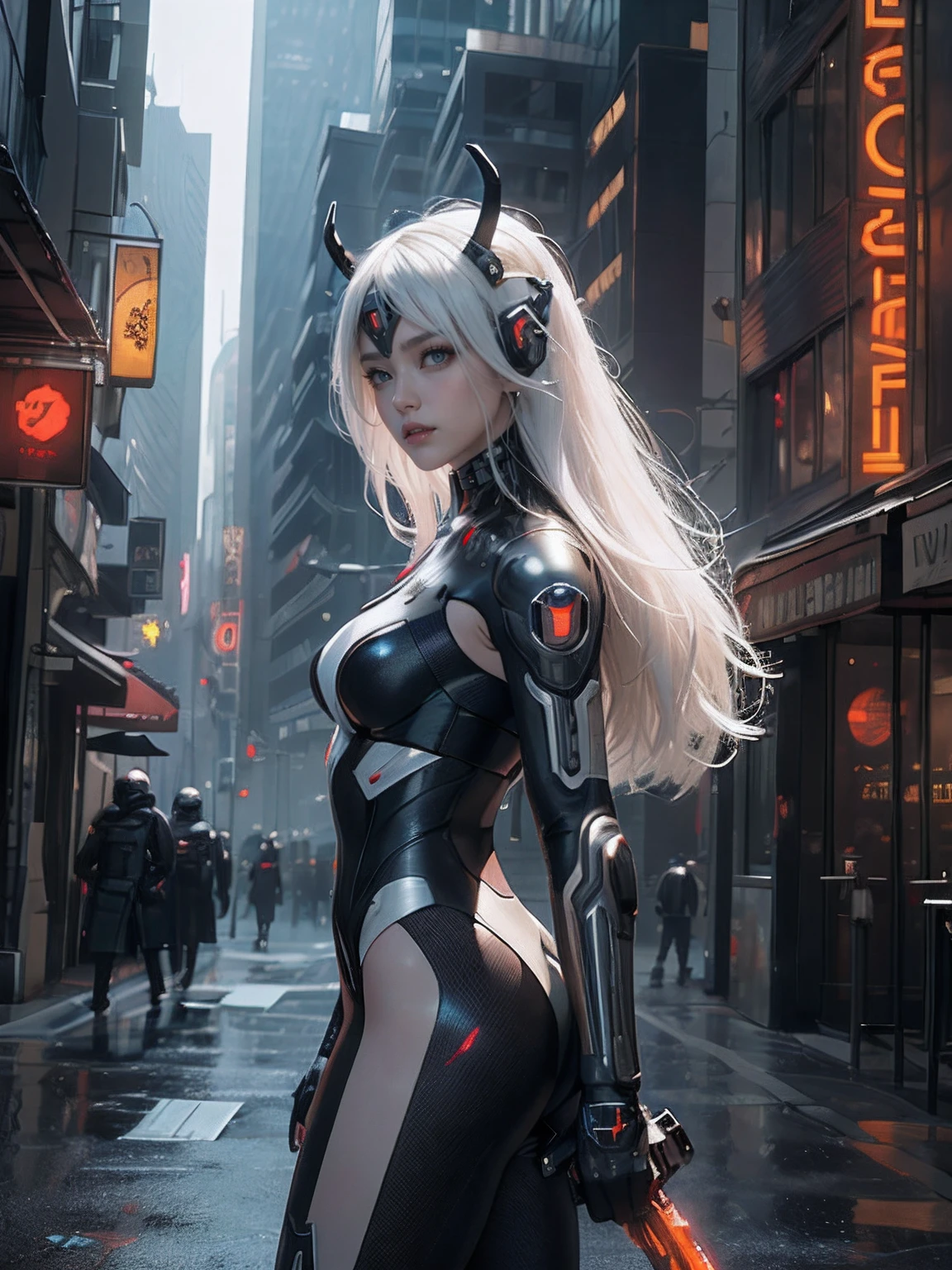 1girl, a beautiful girl cyborg cyberpunk with a cyberpunk city tall buildings, white hair, cybermask, white and orange and black machine suit color combination, the body full of machine, realistic futuristic hologram, asian skin tone, beautiful eye, beautiful asian face, cyber ear machine, suits is solid mecha, realistic machine, sci fi scape, manipulation is a masterpiece, long hair, masterpiece, suit of cyberpunk, realistic sci fi building texture mecha aestethic, digital cyberpunk, looming over a city, cyber technology, realistic hair, lots of hair, white of hair, realistic metal solid texture of building, realistic neon glow, realistic neon sign, wonderful side lighting, realistic futuristic cyberpunk building, realistic girl robot cyberpunk, fog, foogy, masterpiece of detail, RAW IMAGE, depth of field, point of interes, depth of field is masterpiece, best photography composition masterpiece, natural realistic hair, rule of third masterpiece photography, natural lighting, photography masterpiece natural lighting from side, realistic skin texture, strong reflection, ( pose pinterest) masterpiece beautiful, Devil Horns, smooth pixel, ray of light, soft light, small breasts, mastepiece of cyber mask, masterpiece fantasy gun, carry a fantasy weapon, weapon fantasy (artstation)