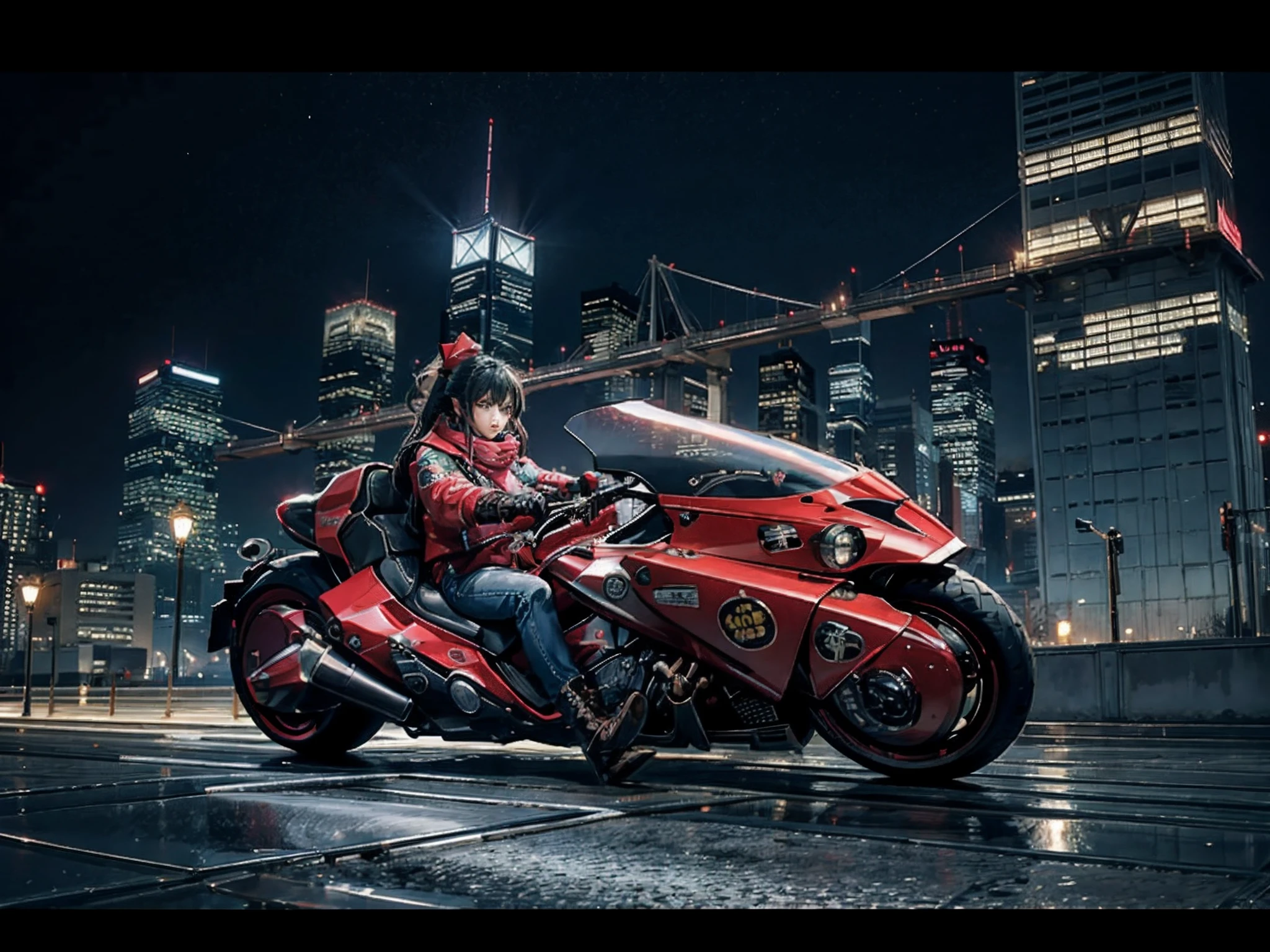 offcial art, Unity 8k壁纸, ultra - detailed, Beautiful and beautiful, tmasterpiece, best qualtiy, realisticlying, banya, Blushlush, long whitr hair, whaite hair, Striped hair, red eyes, Hair Bow, Moles under the eyes, Red Akirabike, riding motorcycles, natta, cyberpunk city landscape, Epic screen, 校服,