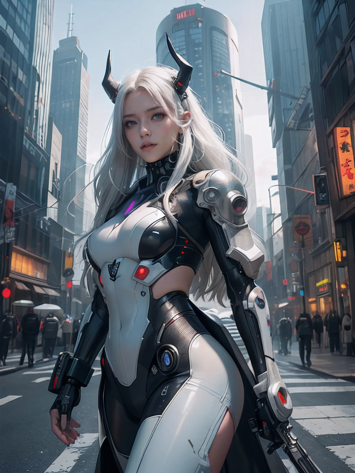 1girl, a beautiful girl cyborg cyberpunk with a cyberpunk city tall buildings, white hair, cybermask, white and orange and black machine suit color combination, the body full of machine, realistic futuristic hologram, asian skin tone, beautiful eye, beautiful asian face, cyber ear machine, suits is solid mecha, realistic machine, sci fi scape, manipulation is a masterpiece, long hair, masterpiece, suit of cyberpunk, realistic sci fi building texture mecha aestethic, digital cyberpunk, looming over a city, cyber technology, realistic hair, lots of hair, white of hair, realistic metal solid texture of building, realistic neon glow, realistic neon sign, wonderful side lighting, realistic futuristic cyberpunk building, realistic girl robot cyberpunk, fog, foogy, masterpiece of detail, RAW IMAGE, depth of field, point of interes, depth of field is masterpiece, best photography composition masterpiece, natural realistic hair, rule of third masterpiece photography, natural lighting, photography masterpiece natural lighting from side, realistic skin texture, strong reflection, ( pose pinterest) masterpiece beautiful, Devil Horns, smooth pixel, ray of light, soft light, small breasts, mastepiece of cyber mask, masterpiece fantasy gun, carry a fantasy weapon, weapon fantasy (artstation)