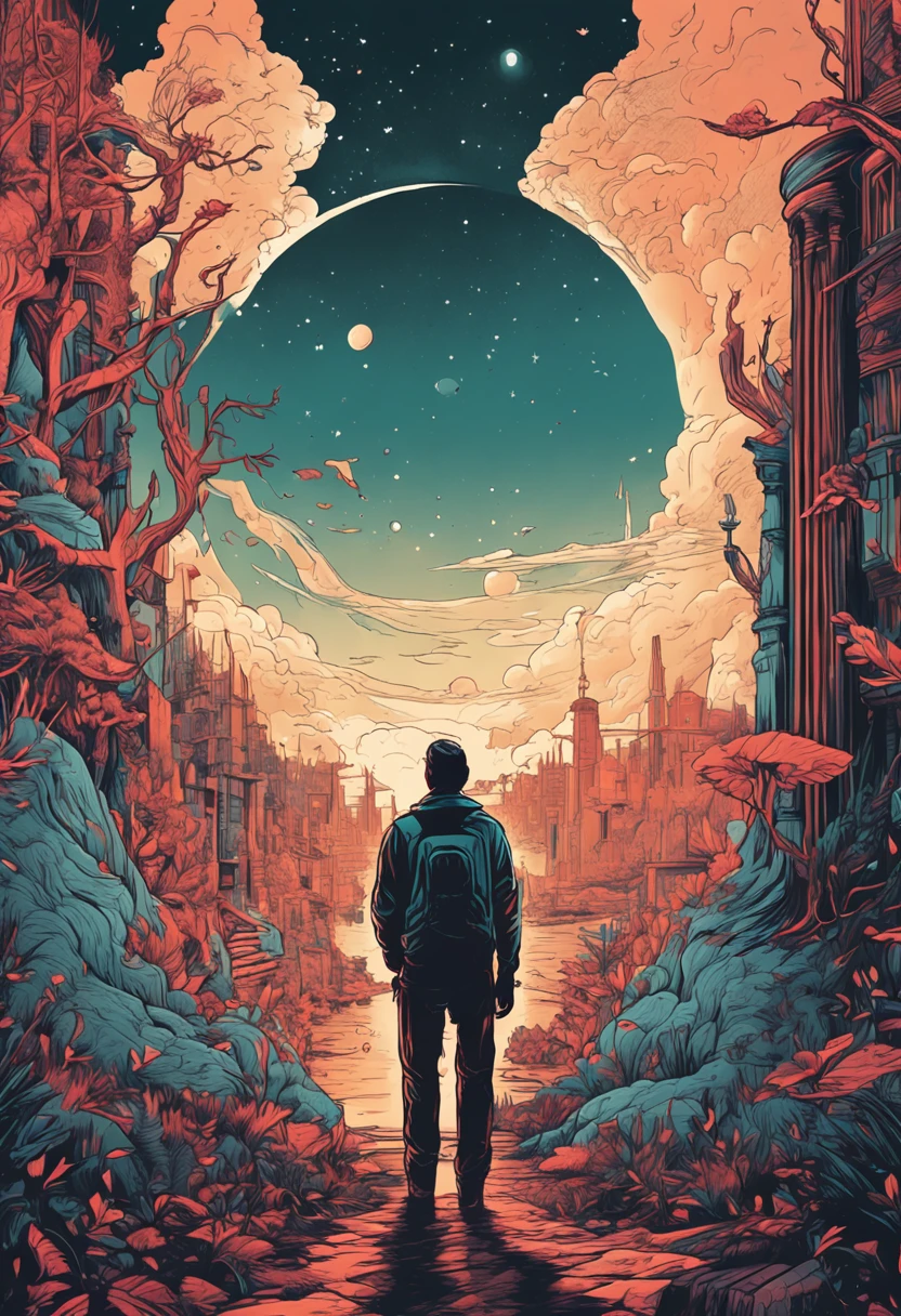 A man stands in the doorway looking at the moon, cyril rolando and m. Kaluta, cyril rolando and m.Kaluta, Inspired by Cyril Rolando, in the style of Cyril Rolando, Beeple e James Jean, anton fadeev and dan mumford, dan mumford tom bagshaw, artgem and beeple masterpiece