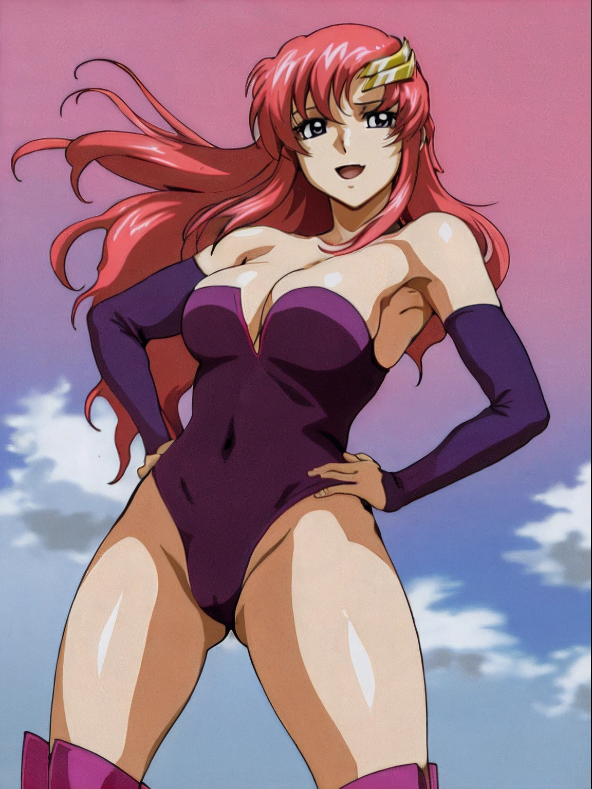 (masterpiece, 4K, Best Quality, Anime style: 1.9, bold drawing lines, High color saturation, Detailed face, tall, Adult Woman, lovely, (cloud background), Drawing lines, high resolution, Anime, lacus4), 1girl in, Solo, curvy figure, Long hair, 鎖骨, scapular, Wavy Hair, Detailed wide hair bangs, Hair Ornament, Detailed reddish-pink hair, cleavage, large hands, Big blue eyes, Smile, closed mouth, (Very confident), ((closed fists)), (laughing, open mouth), ((medium breasts)), ((pink strapless wrestling leotard only), (wrestling long boots), bare thighs, groin lines, strong arms, biceps, rib lines, ((lean forward)), legs, standing, (hands on hips), happy, bare shoulders, (navel), pink elbow pads