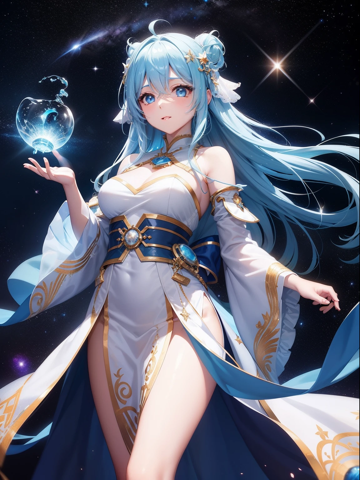 In the middle of the universe, The goddess is sailing in space in all its splendor. With her energy she lights her way, Her beauty brightens everything around her even brighter. Stars, All the beauty of the galaxy and the universe is around her. She wears beautiful white and blue fabric with incredible embroidery, Her endless sky blue hair seems to fly behind her. The light of the crystal is shining。Fantasia