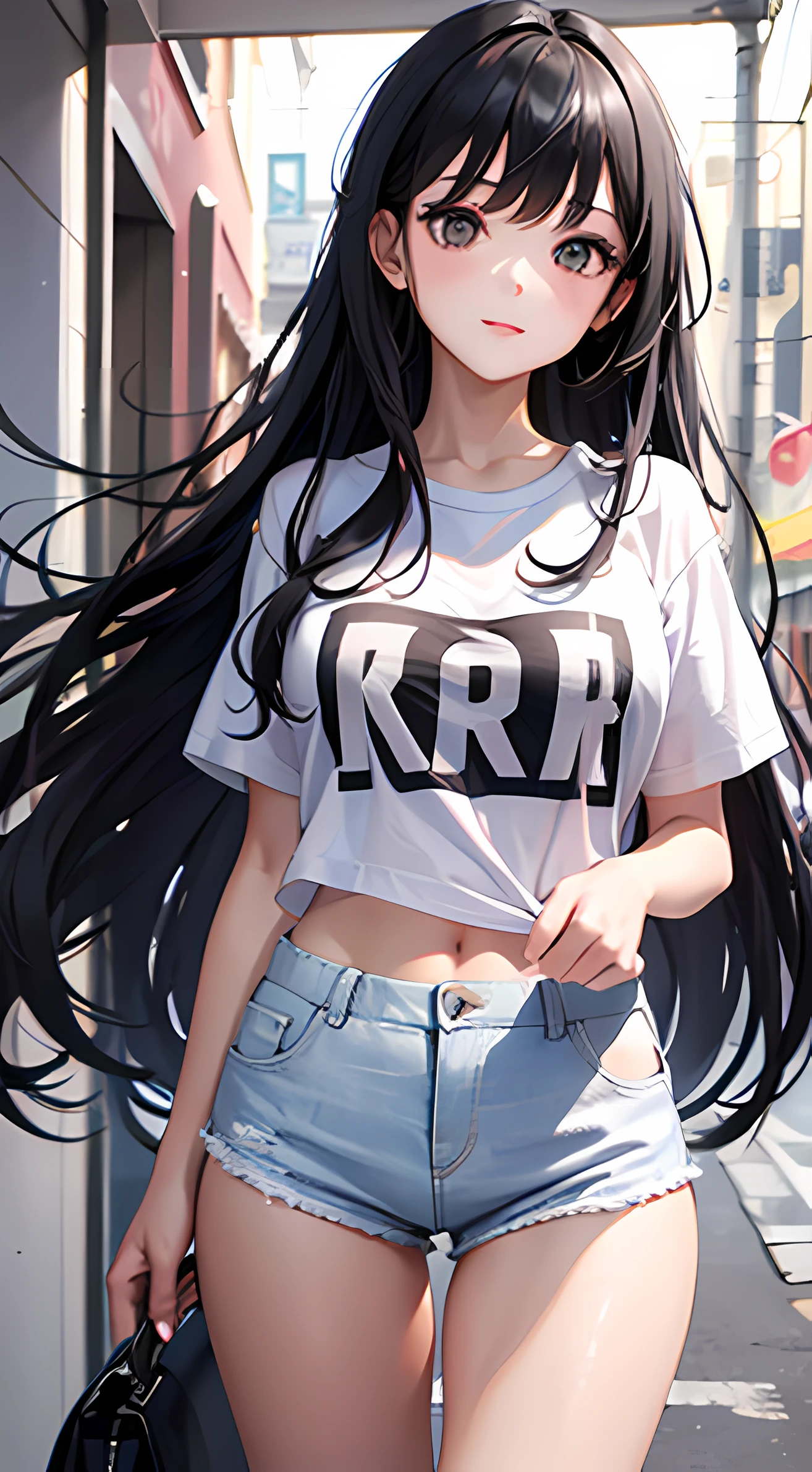 1girl, black hair, long hair, white tshirt, hot pants