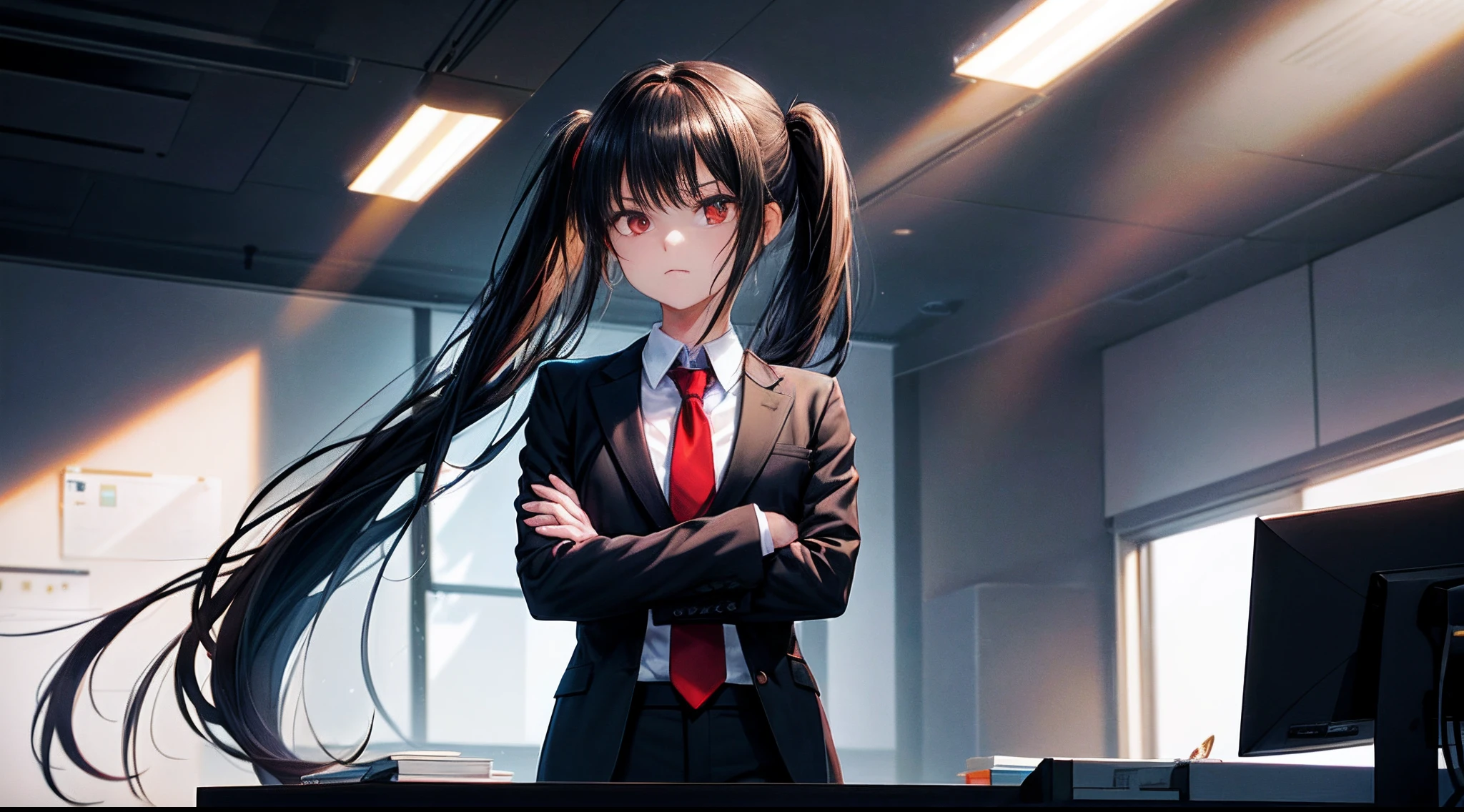 Solo, 1girll, Expressionless, Closed mouth, Crossed arms, Long black hair, pony tails, side locks, Red eyes, Glowing eyes, Bright pupils, Black suit, White collared shirt, tiese, Black pants, office space, office room interior, Axis, Light rays, Cowboy shot